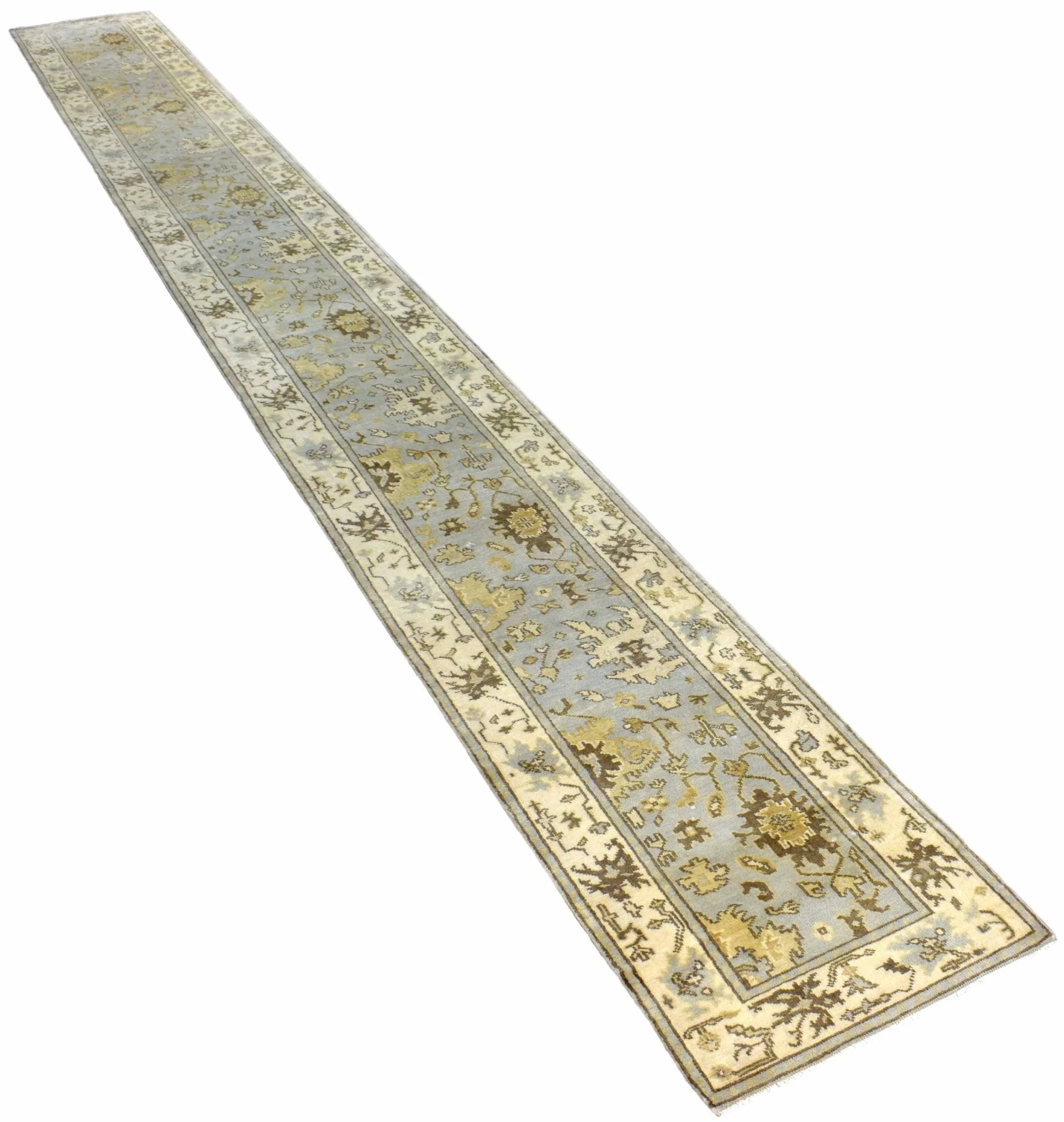 Hand Knotted Blue and Beige Antique Oushak Wool Runner Rug - Image 3
