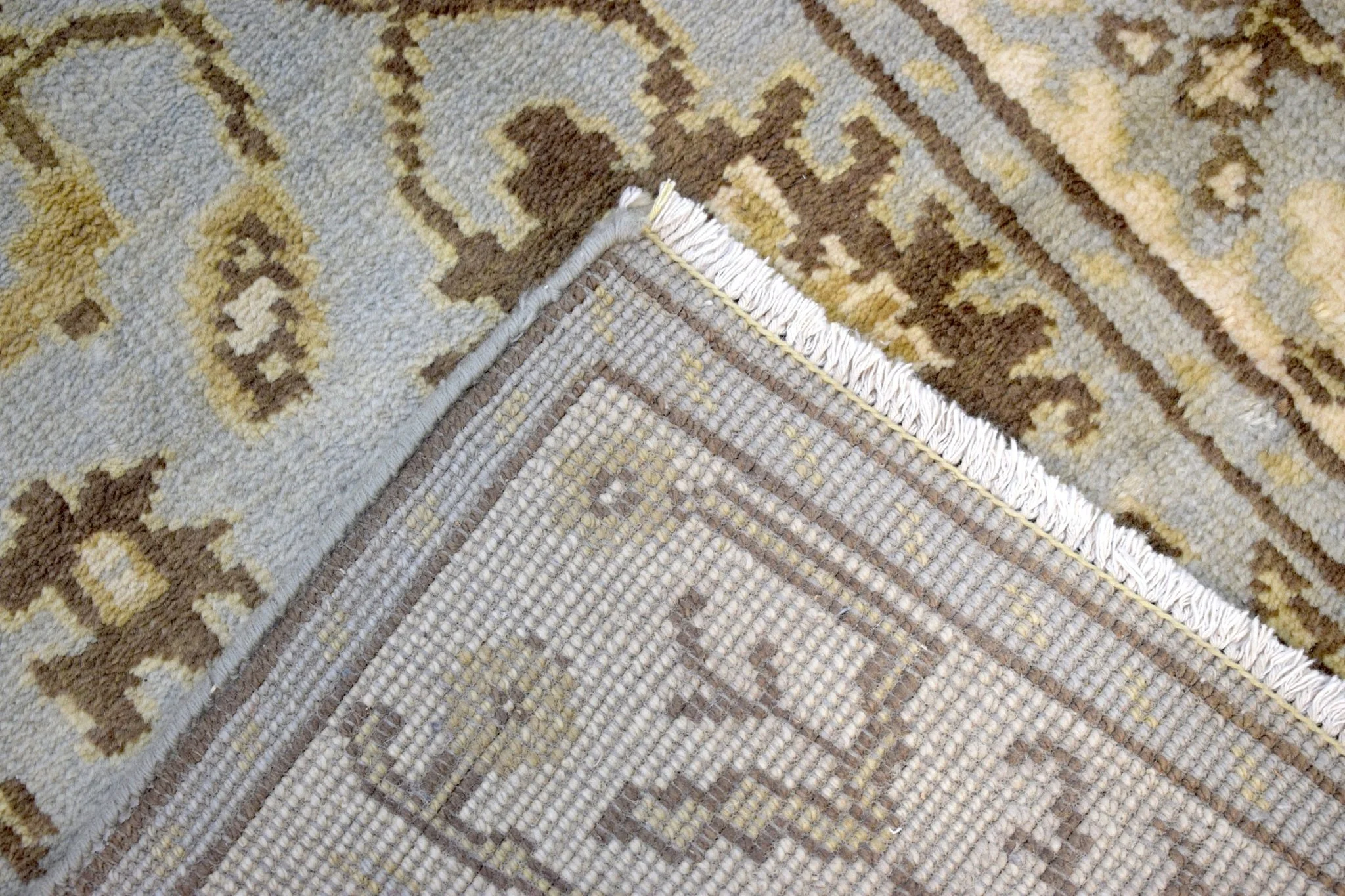 Hand Knotted Blue and Beige Antique Oushak Wool Runner Rug - Image 4