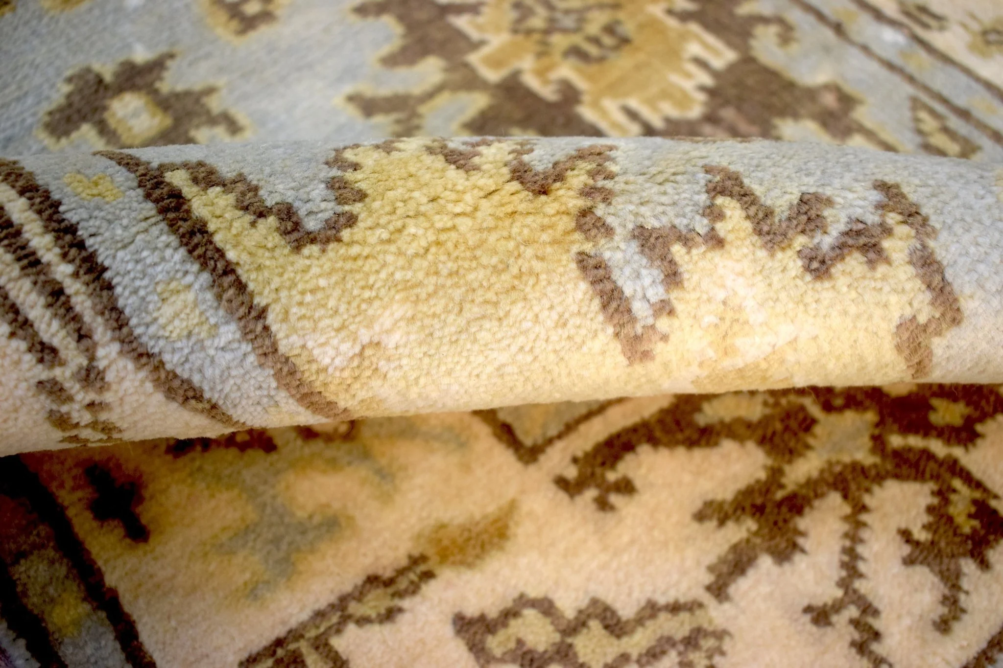 Hand Knotted Blue and Beige Antique Oushak Wool Runner Rug - Image 5