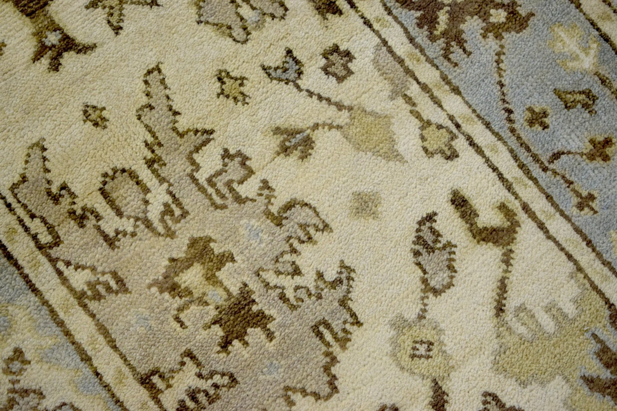 Hand Knotted Beige and Blue Antique Oushak Wool Runner Rug - Image 3