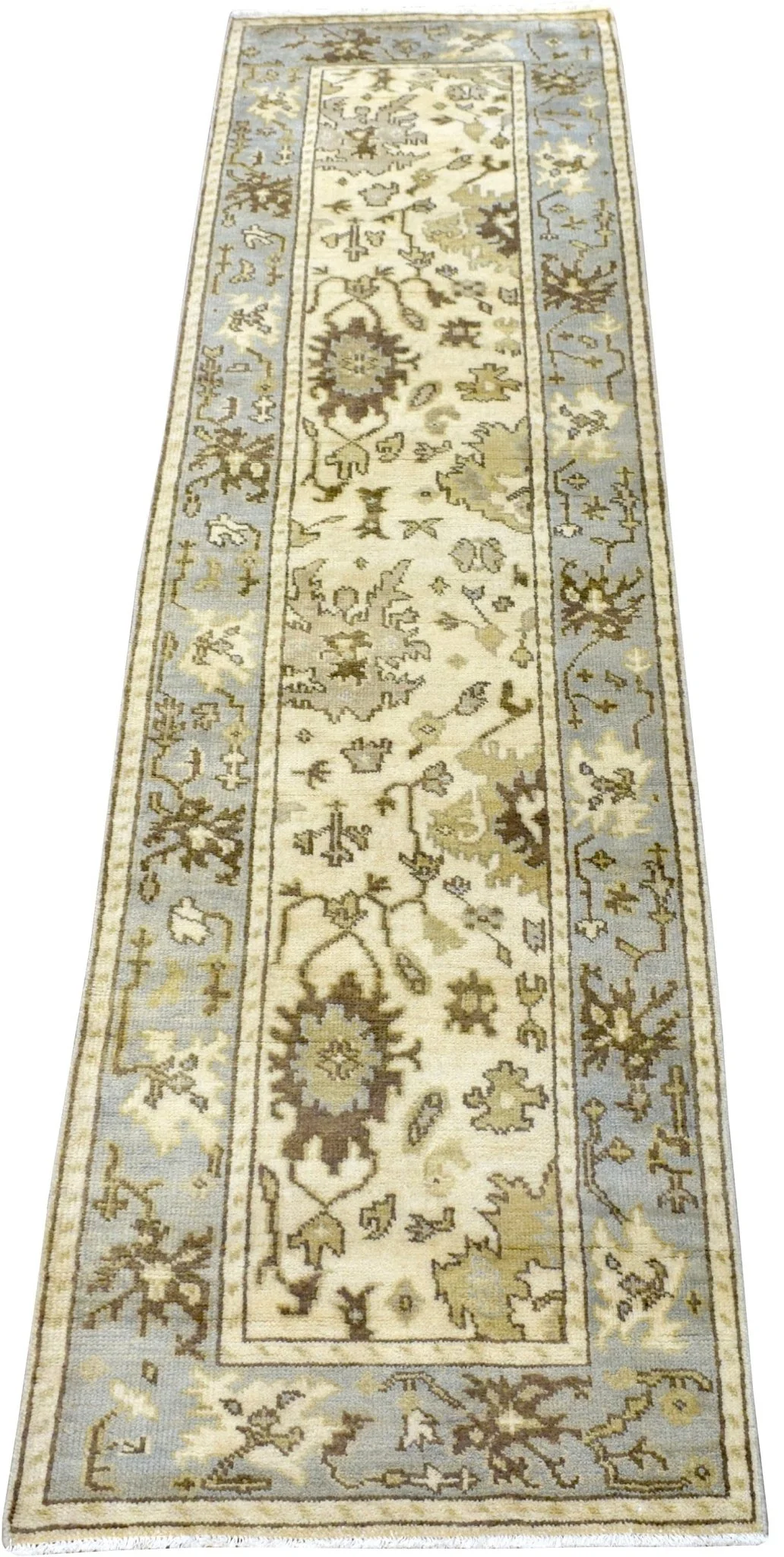 Hand Knotted Beige and Blue Antique Oushak Wool Runner Rug - Image 4