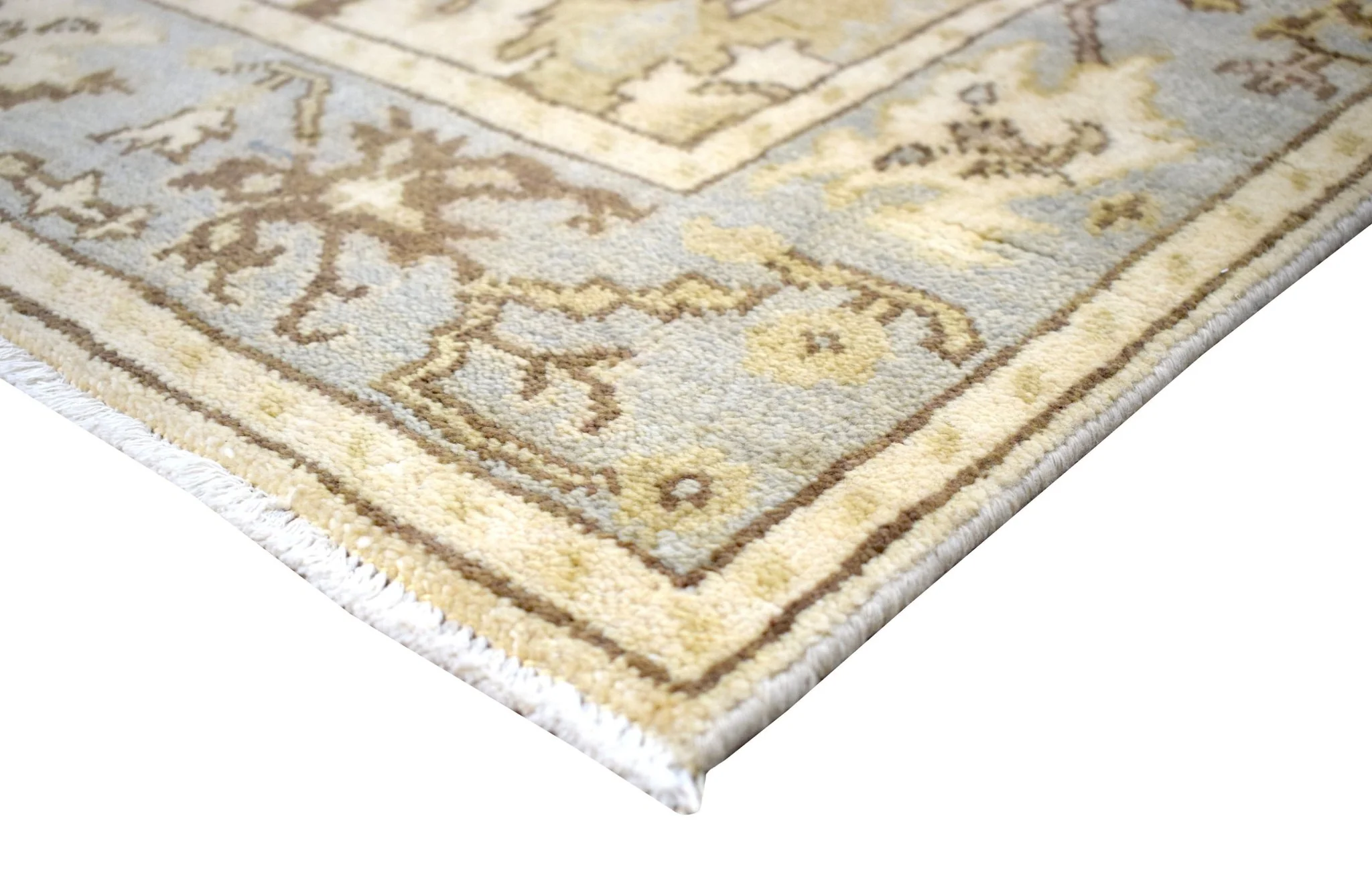 Hand Knotted Beige and Blue Antique Oushak Wool Runner Rug - Image 5