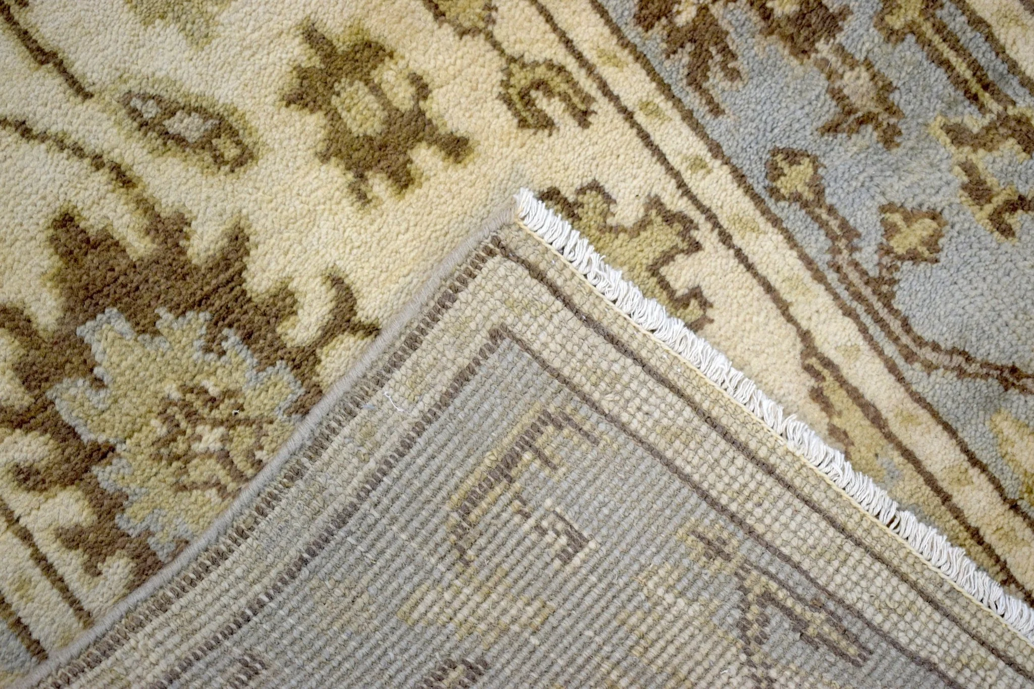 Hand Knotted Beige and Blue Antique Oushak Wool Runner Rug - Image 7
