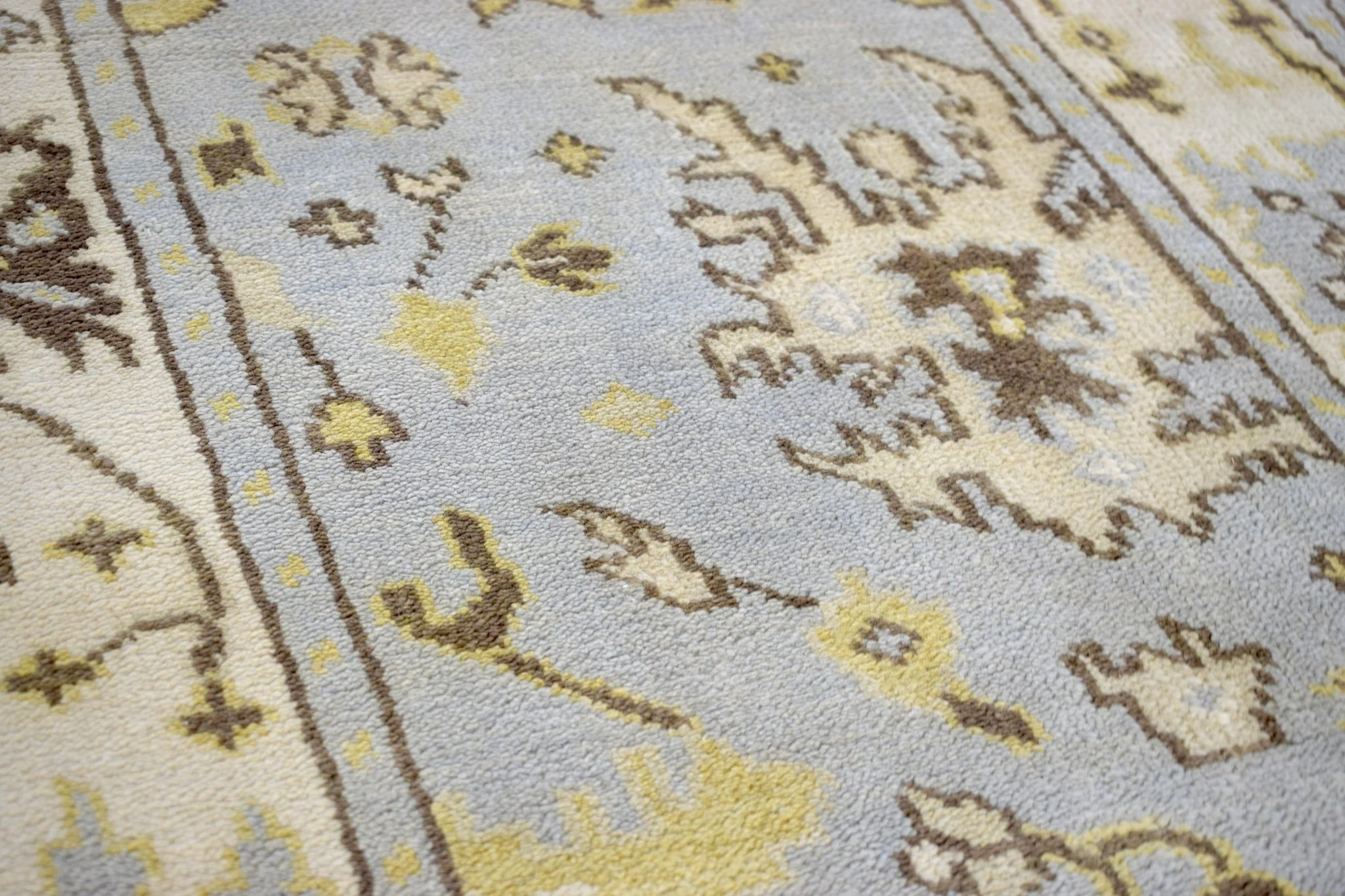 Hand Knotted Blue and Beige Antique Oushak Blue and Beige Wool Runner Rug - Image 3