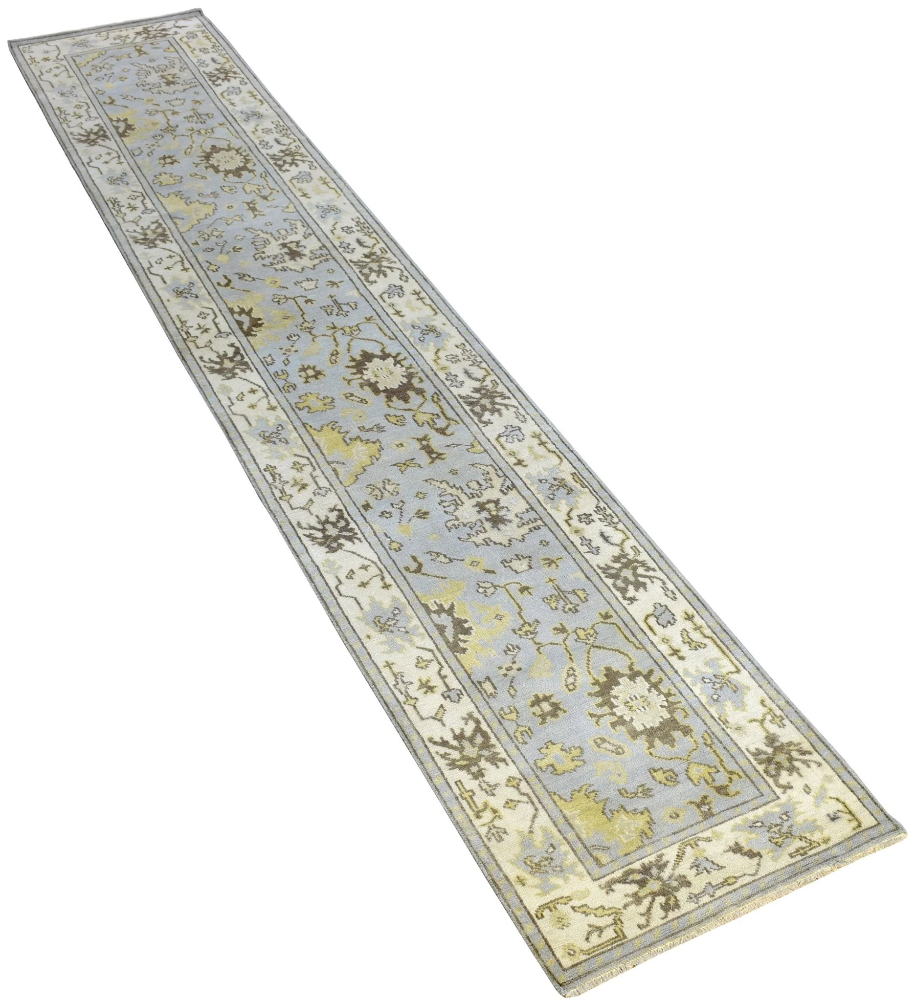 Hand Knotted Blue and Beige Antique Oushak Blue and Beige Wool Runner Rug - Image 4