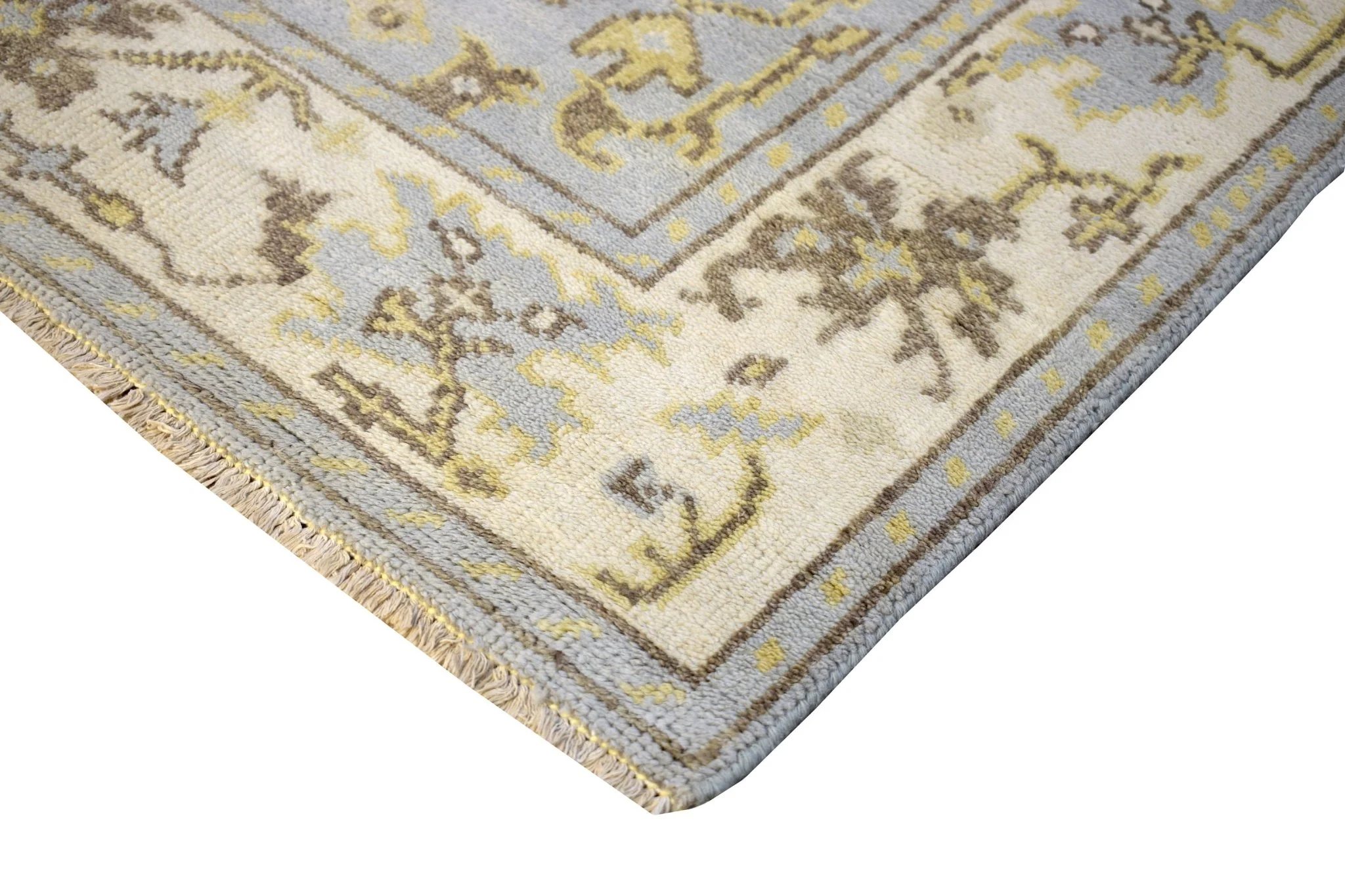 Hand Knotted Blue and Beige Antique Oushak Blue and Beige Wool Runner Rug - Image 5