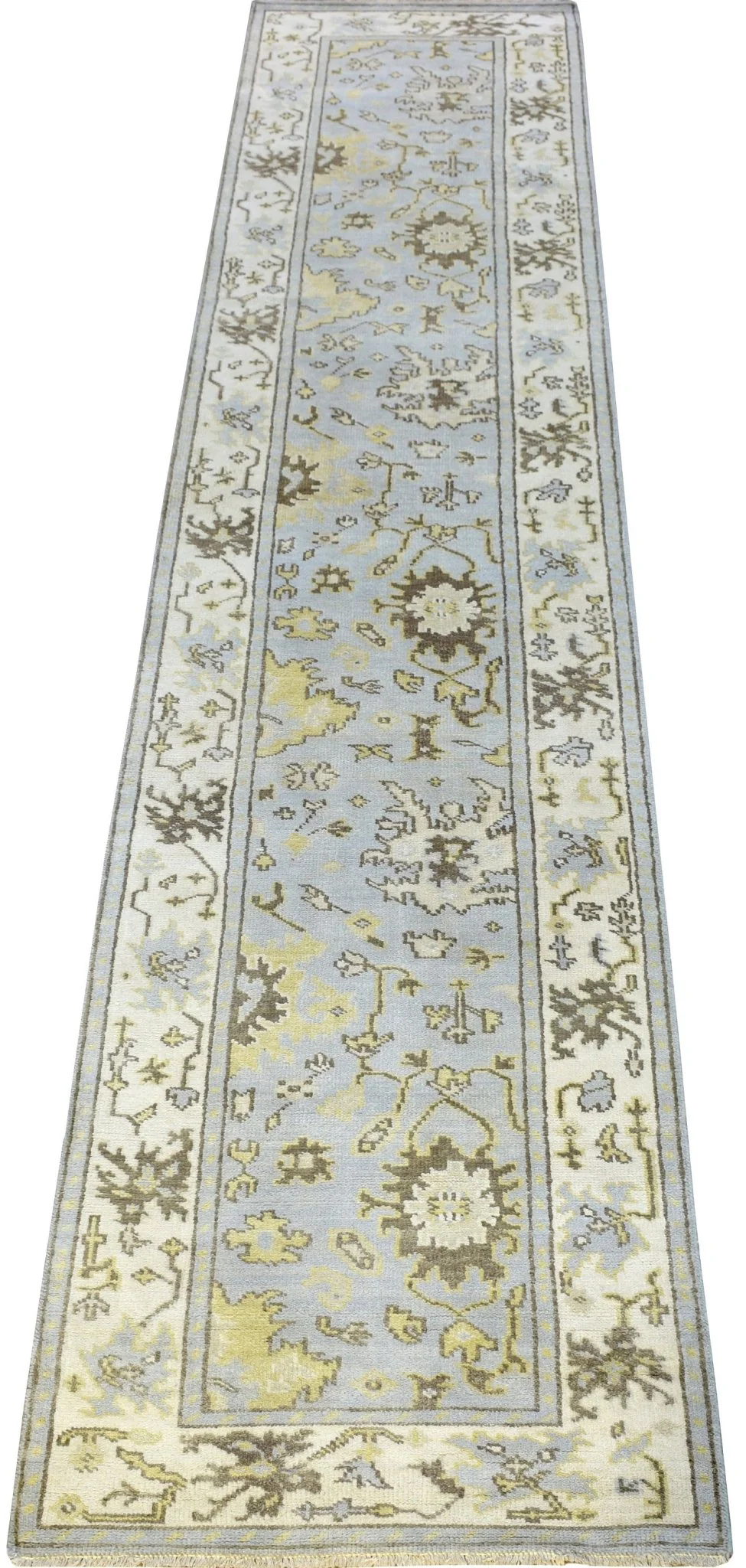 Hand Knotted Blue and Beige Antique Oushak Blue and Beige Wool Runner Rug - Image 7