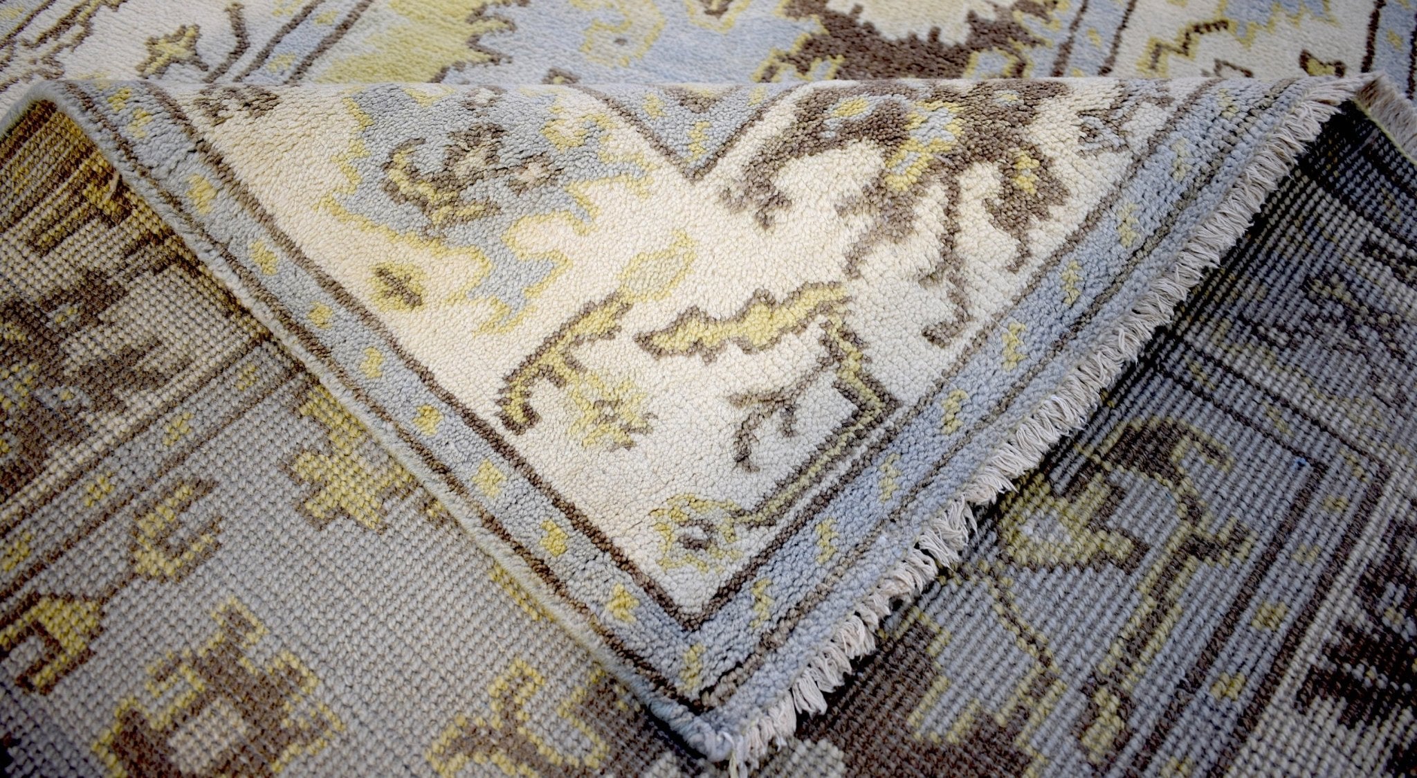 Hand Knotted Blue and Beige Antique Oushak Blue and Beige Wool Runner Rug - Image 8