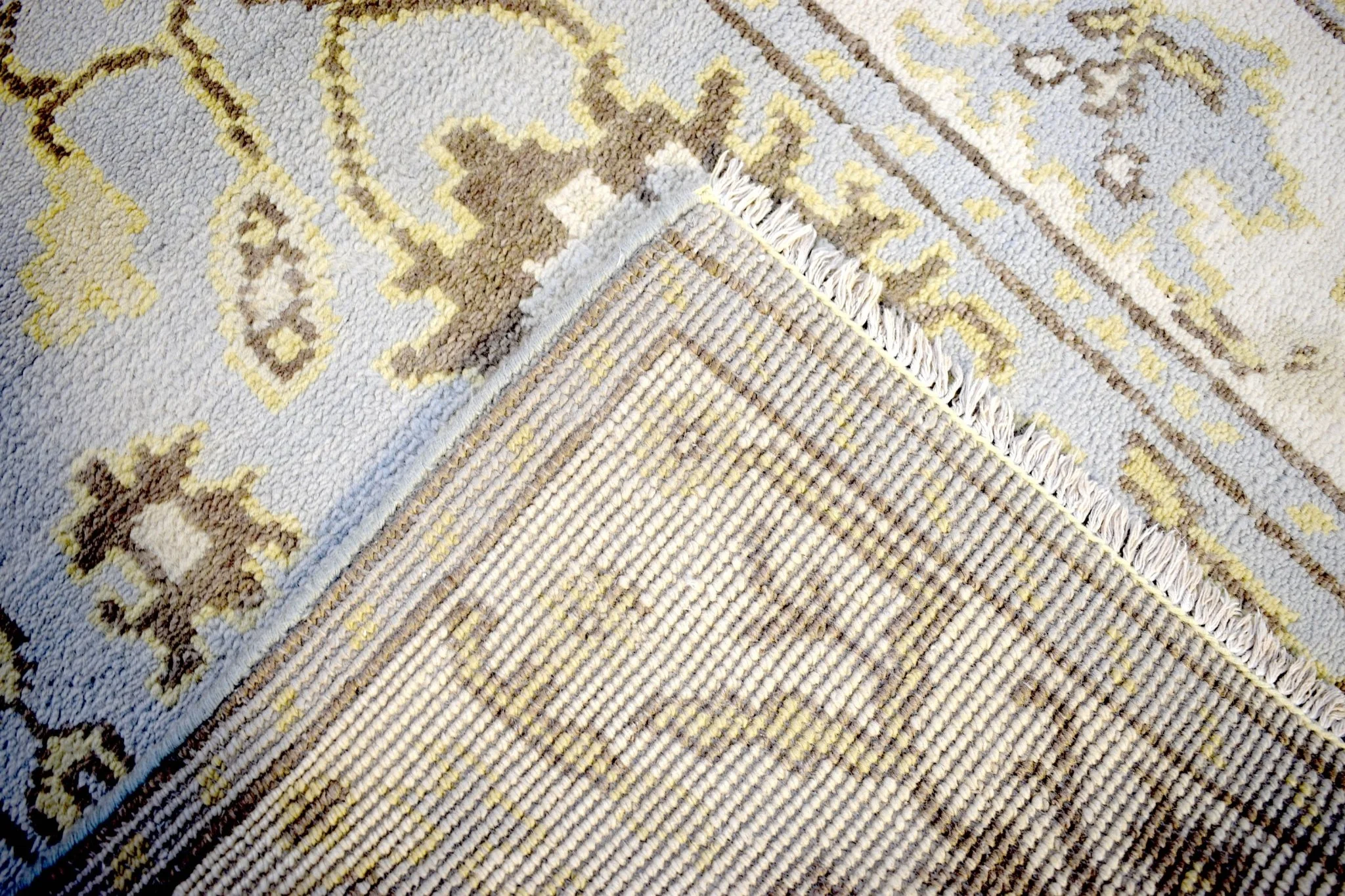 Hand Knotted Blue and Beige Antique Oushak Blue and Beige Wool Runner Rug - Image 9