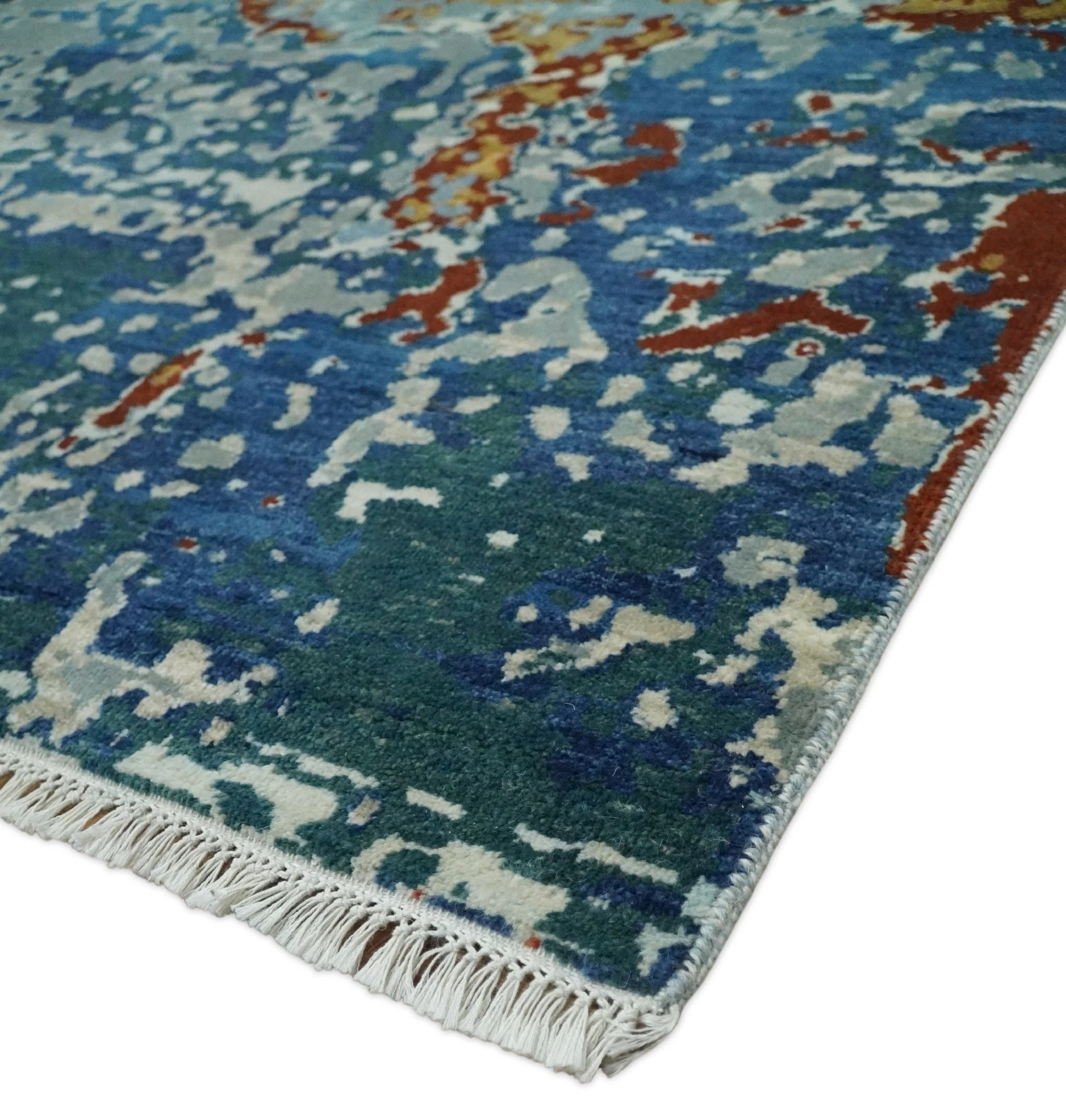 2.6x10 Fine Hand Knotted Blue Modern Abstract Wool and Silk Runner Area Rug | AGR12 - Image 3