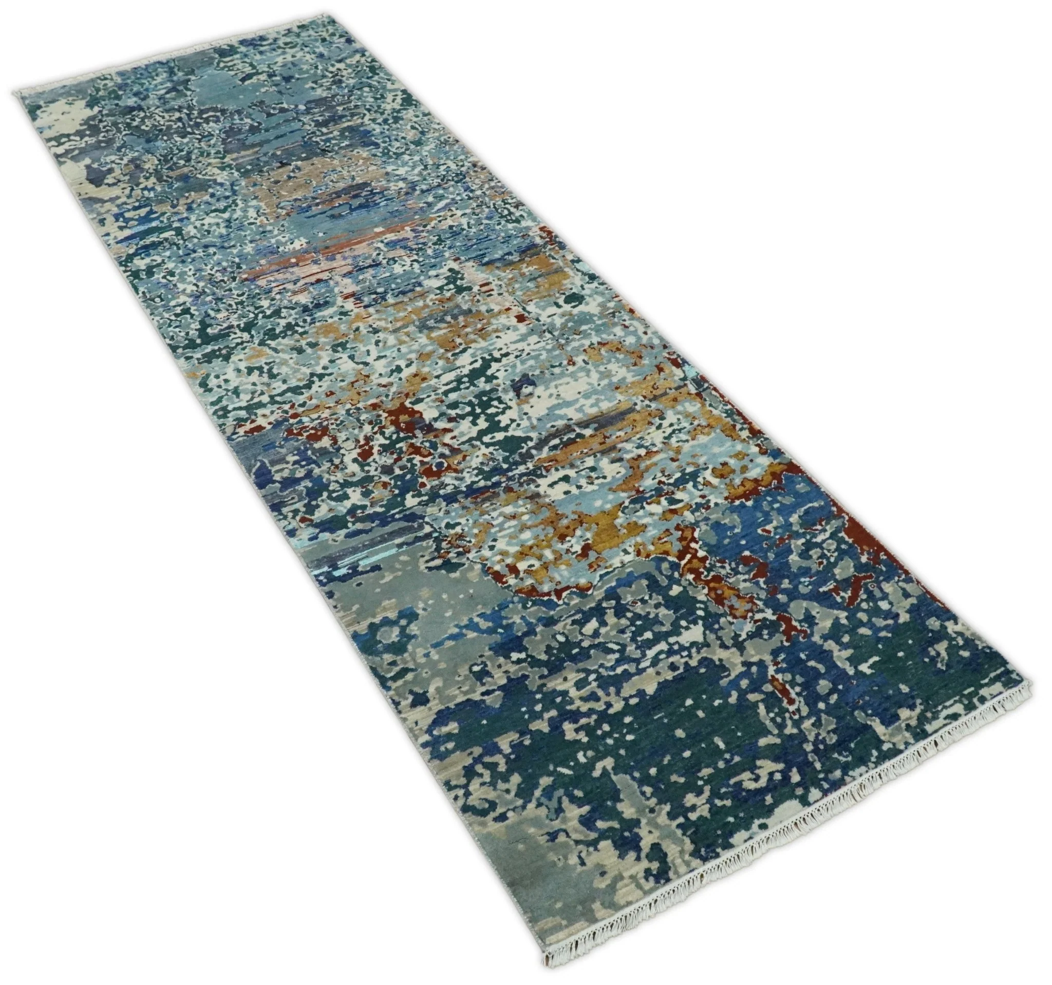 2.6x10 Fine Hand Knotted Blue Modern Abstract Wool and Silk Runner Area Rug | AGR12 - Image 8
