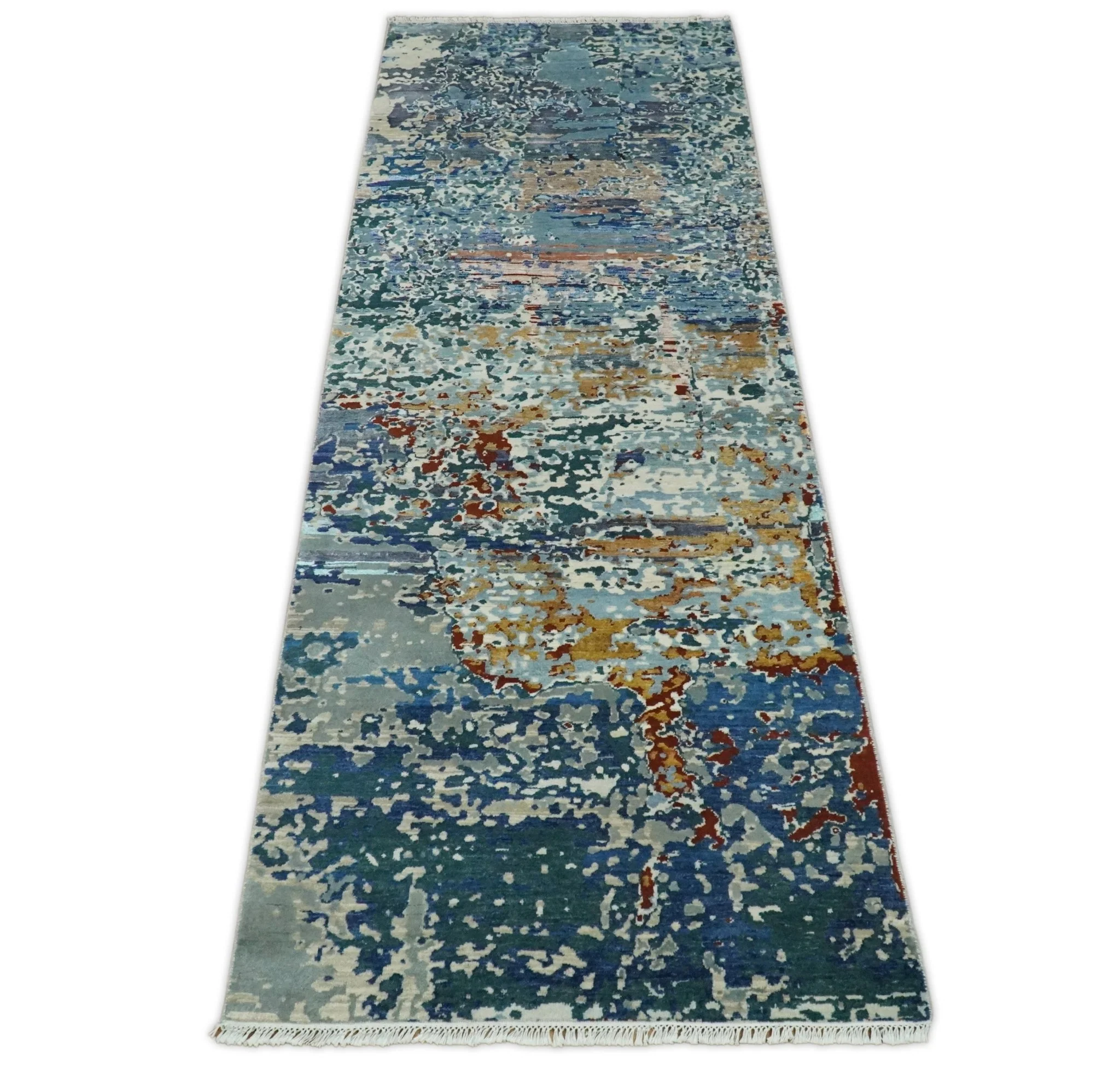 2.6x10 Fine Hand Knotted Blue Modern Abstract Wool and Silk Runner Area Rug | AGR12 - Image 9