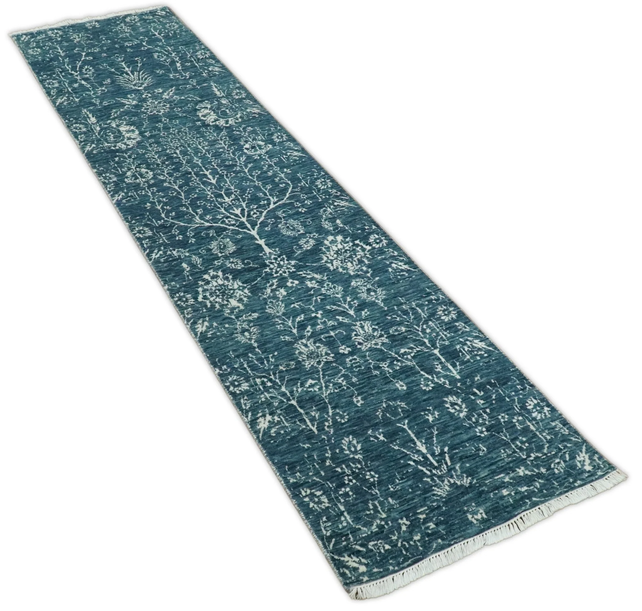 2.6x10 Fine Hand Knotted White and Blue Traditional Vintage Persian Style Antique Wool Rug | AGR23 - Image 6