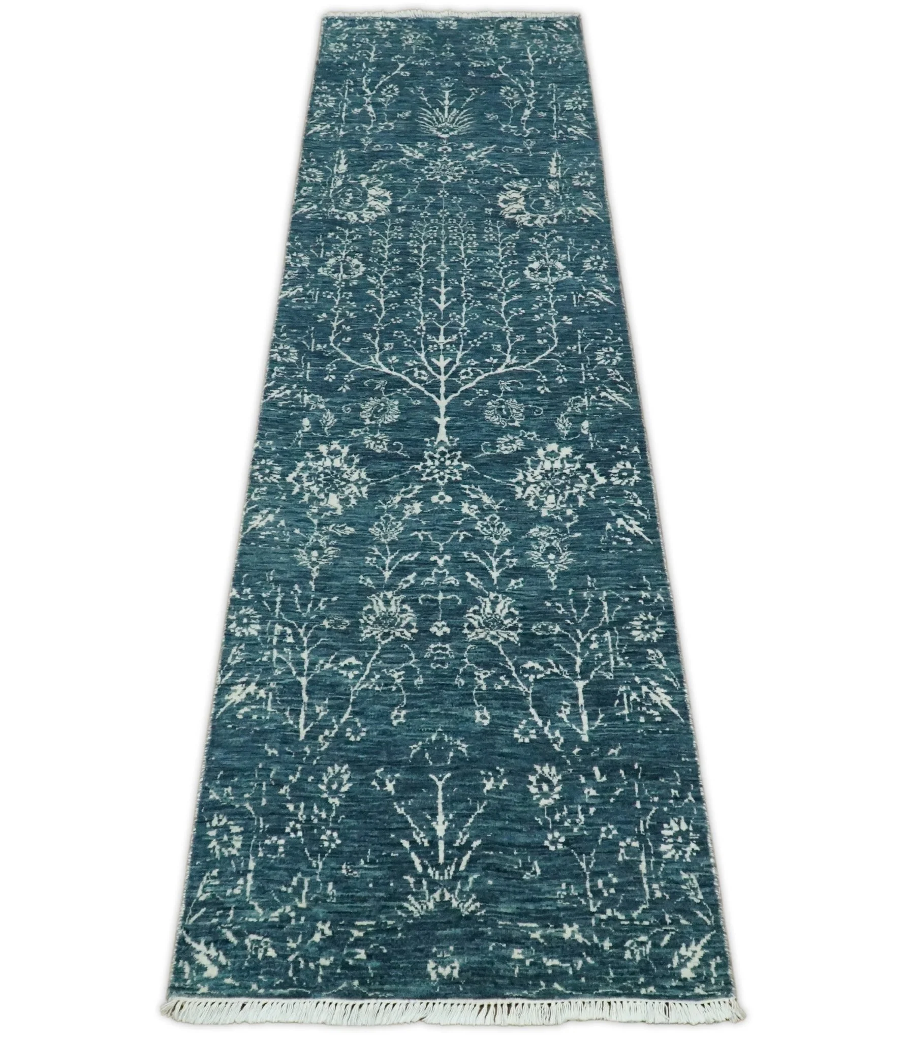 2.6x10 Fine Hand Knotted White and Blue Traditional Vintage Persian Style Antique Wool Rug | AGR23 - Image 7