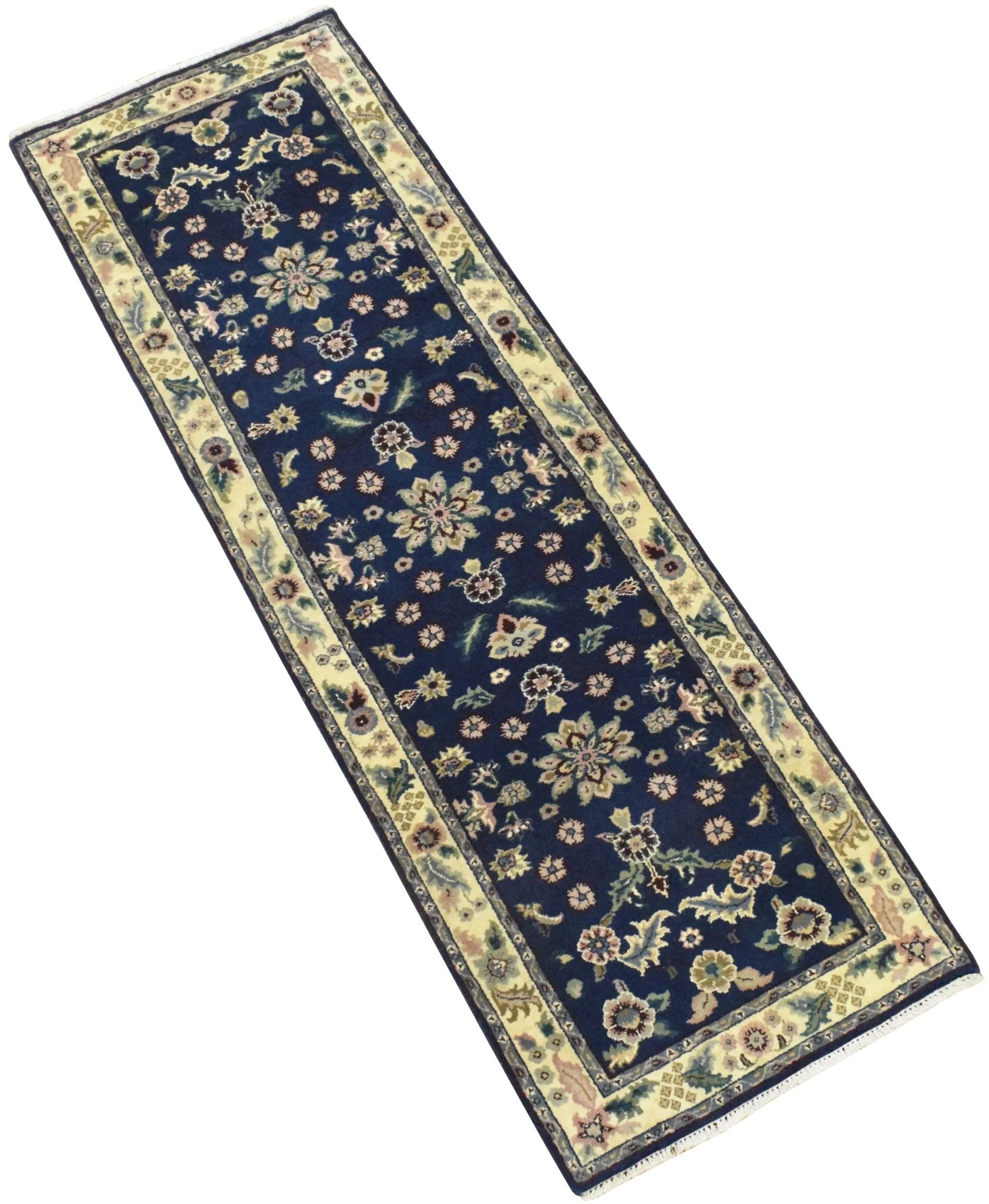 2.6x8 Blue and Beige Fine Runner Hand Knotted Area Rug | Floral Design Made with Fine Wool - Image 6