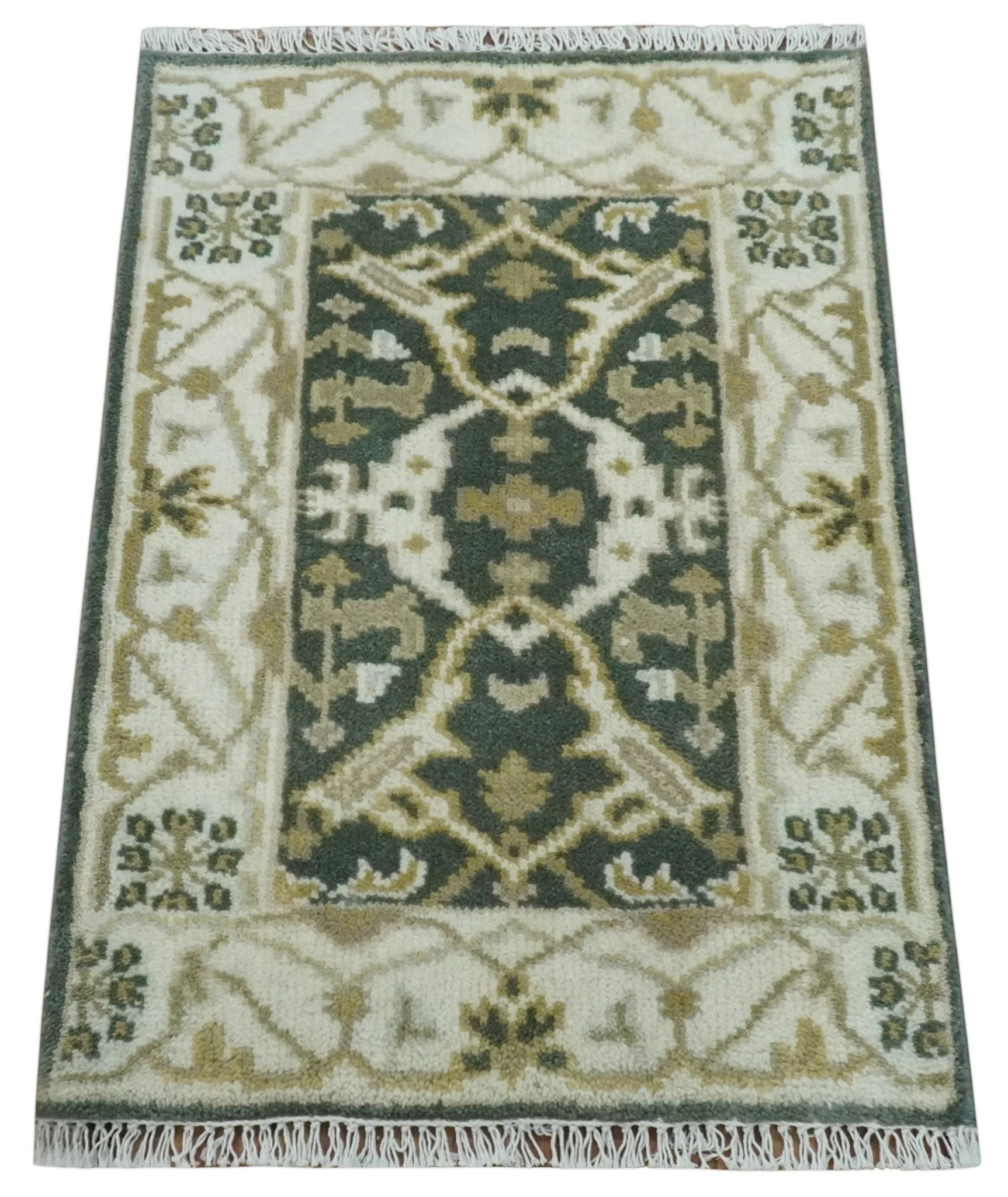 Small Entryway 2x3 Gray, Ivory and Beige Hand Knotted Oriental Oushak  Wool Area Rug - Image 9