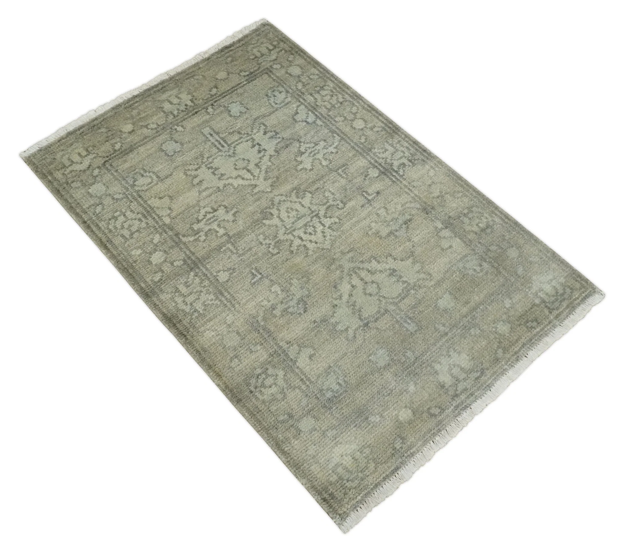 Persian Oushak 2x3 Hand Knotted Beige and Gray Traditional Wool Rug | N5423 - Image 9