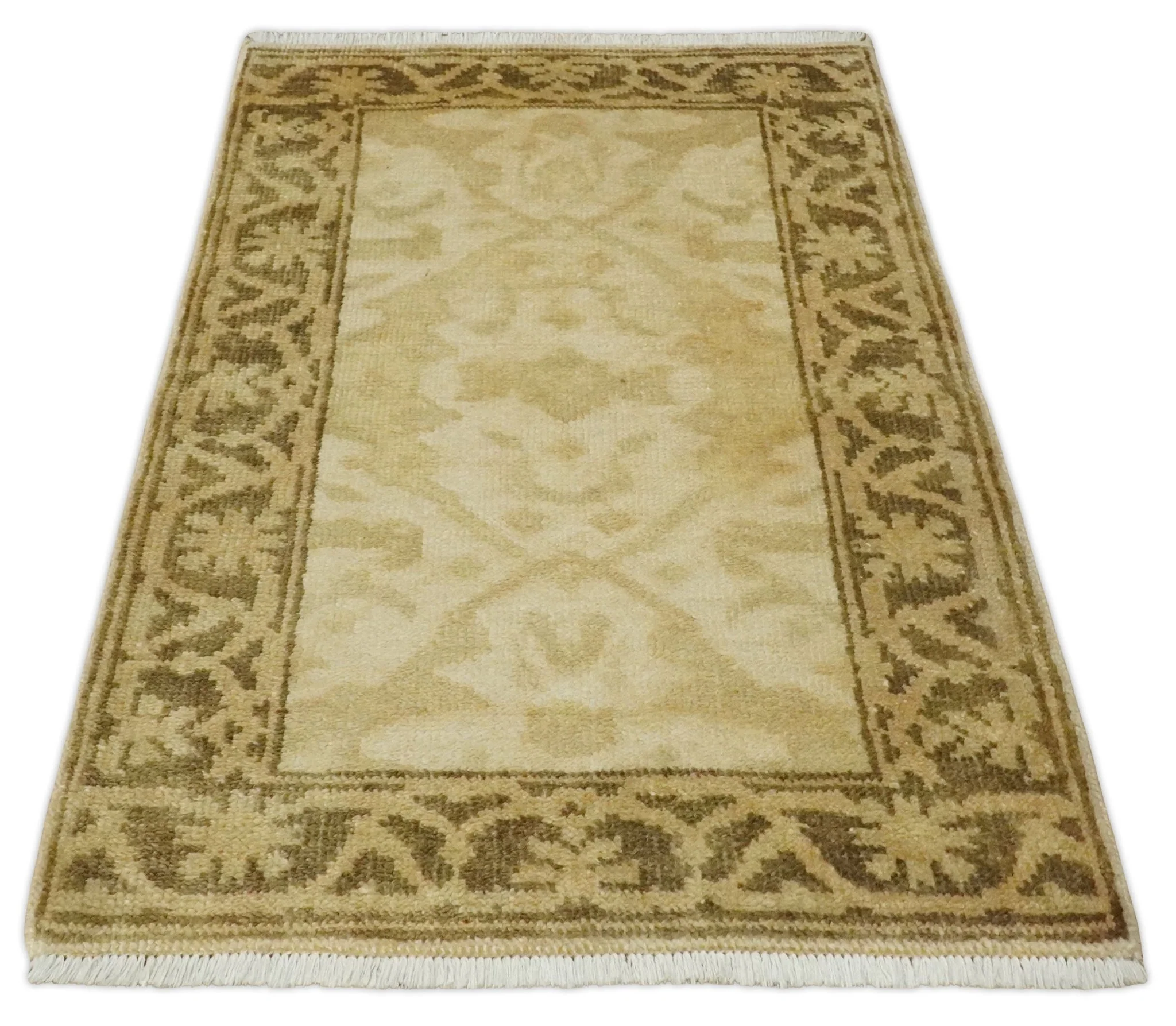 2x3 Hand Knotted Beige and Olive Traditional Persian Oushak Wool Rug | N323 - Image 7
