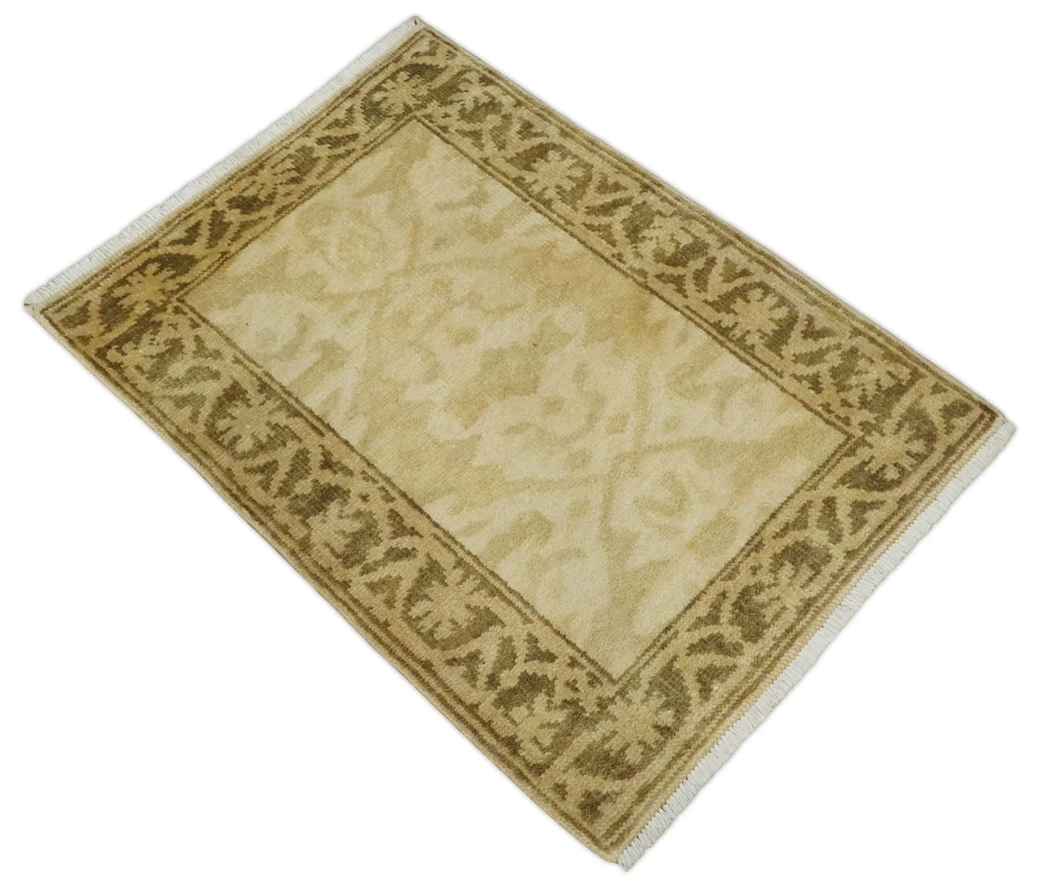 2x3 Hand Knotted Beige and Olive Traditional Persian Oushak Wool Rug | N323 - Image 8