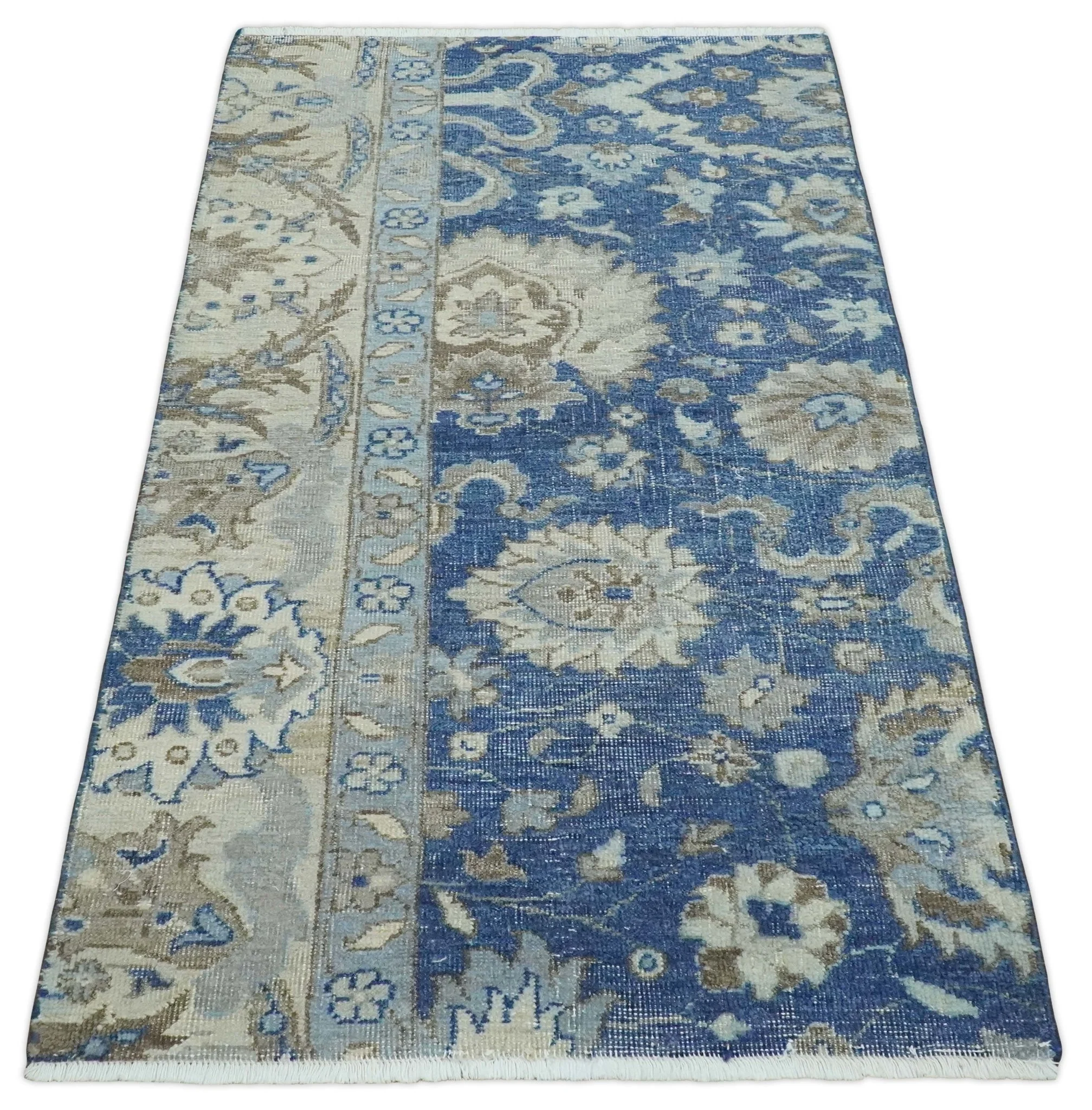 Vintage Hand Knotted 2x4 Blue, Ivory and Gray Traditional Oxidized Textured Persian Low Pile Wool Rug | N3424 - Image 7