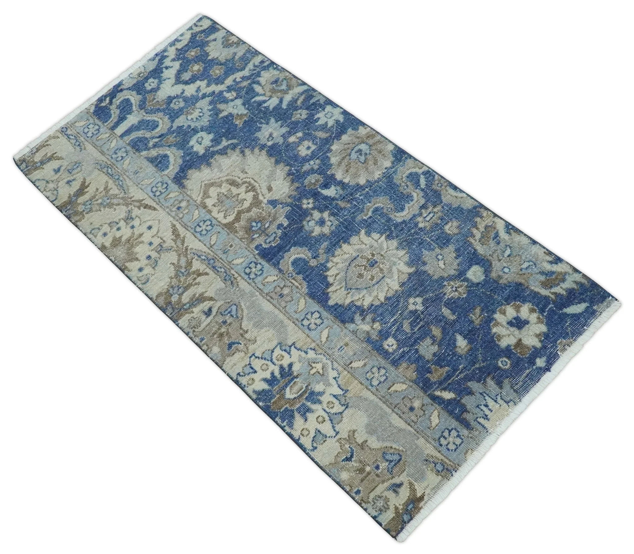 Vintage Hand Knotted 2x4 Blue, Ivory and Gray Traditional Oxidized Textured Persian Low Pile Wool Rug | N3424 - Image 8