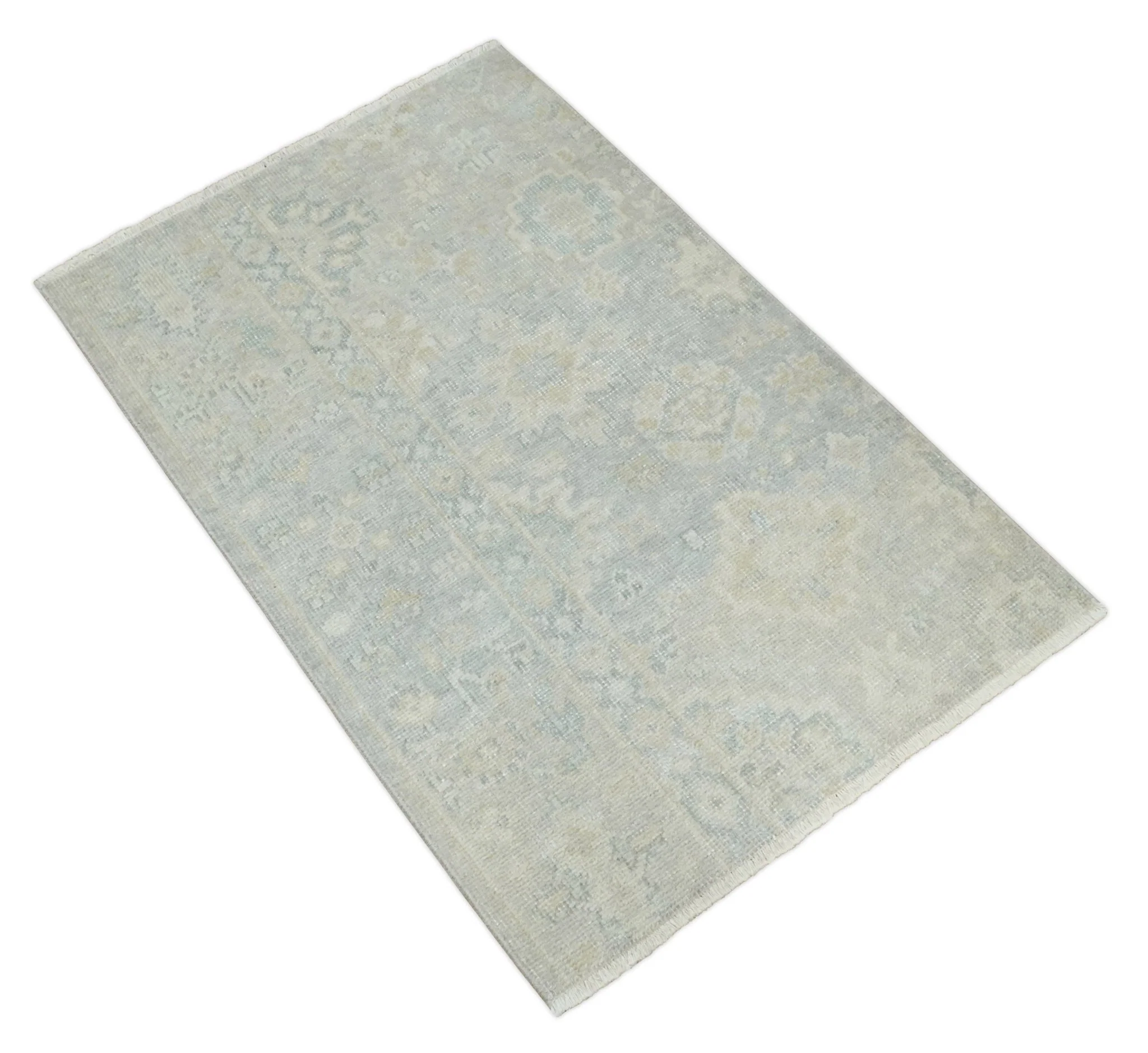 Low Pile 2x3 Hand Knotted Gray, Beige and Ivory Traditional Oushak Wool Rug - Image 8