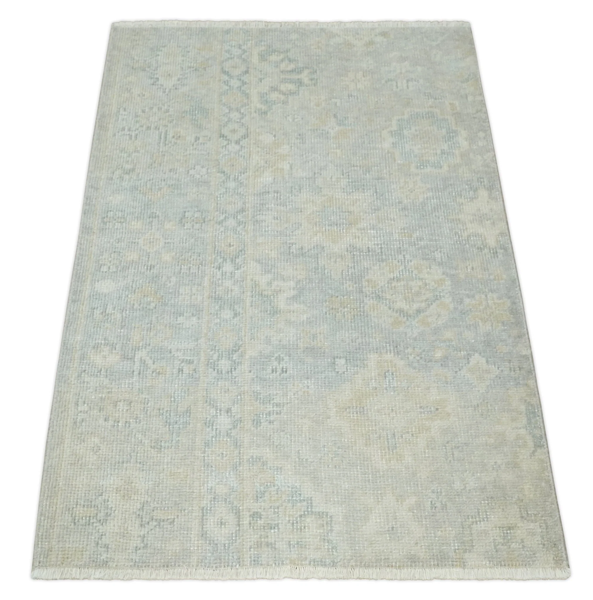 Low Pile 2x3 Hand Knotted Gray, Beige and Ivory Traditional Oushak Wool Rug - Image 9