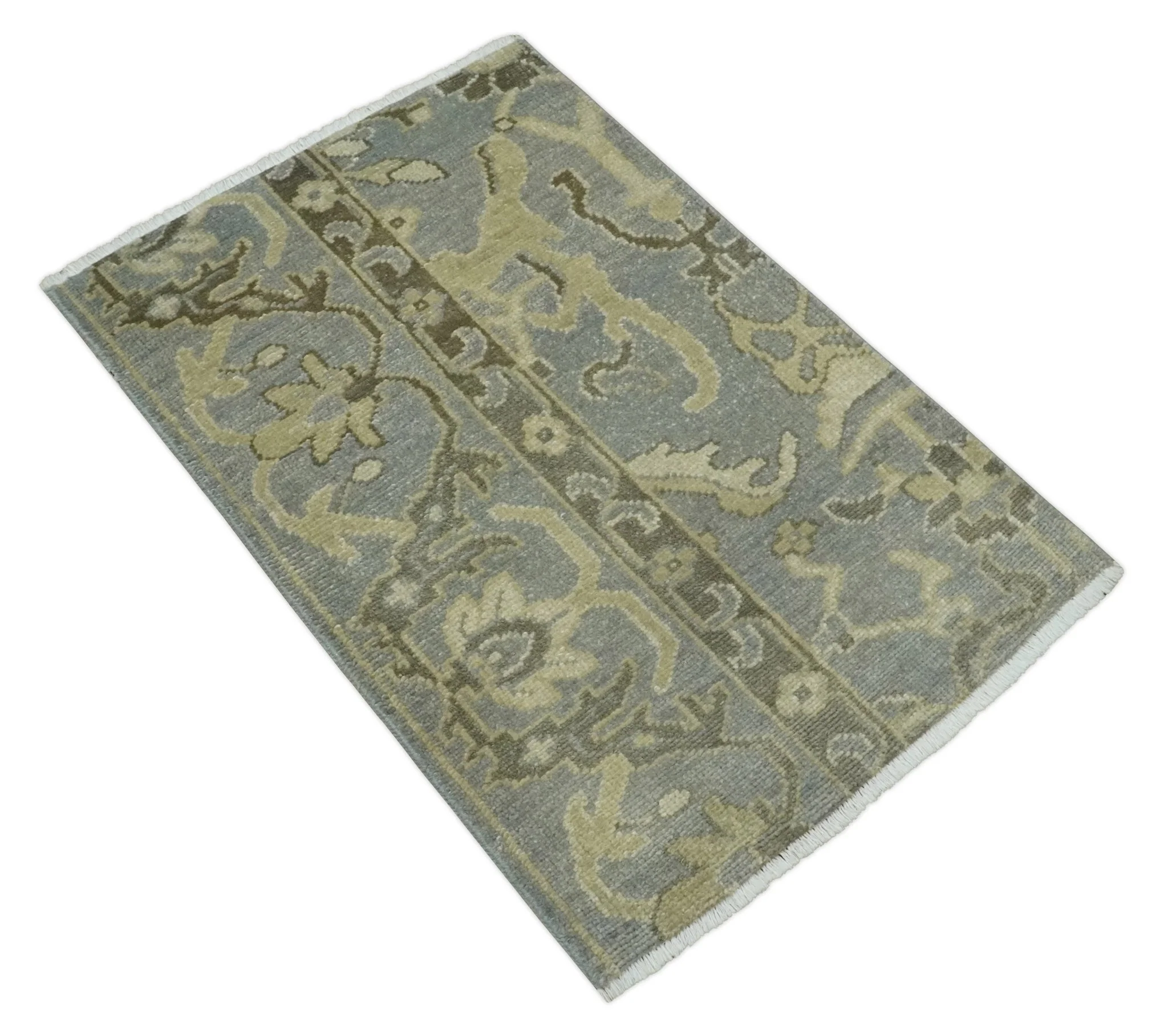 2x3 Hand Knotted Gray, Beige and Olive Traditional Persian Oushak Wool Rug | N5123 - Image 8