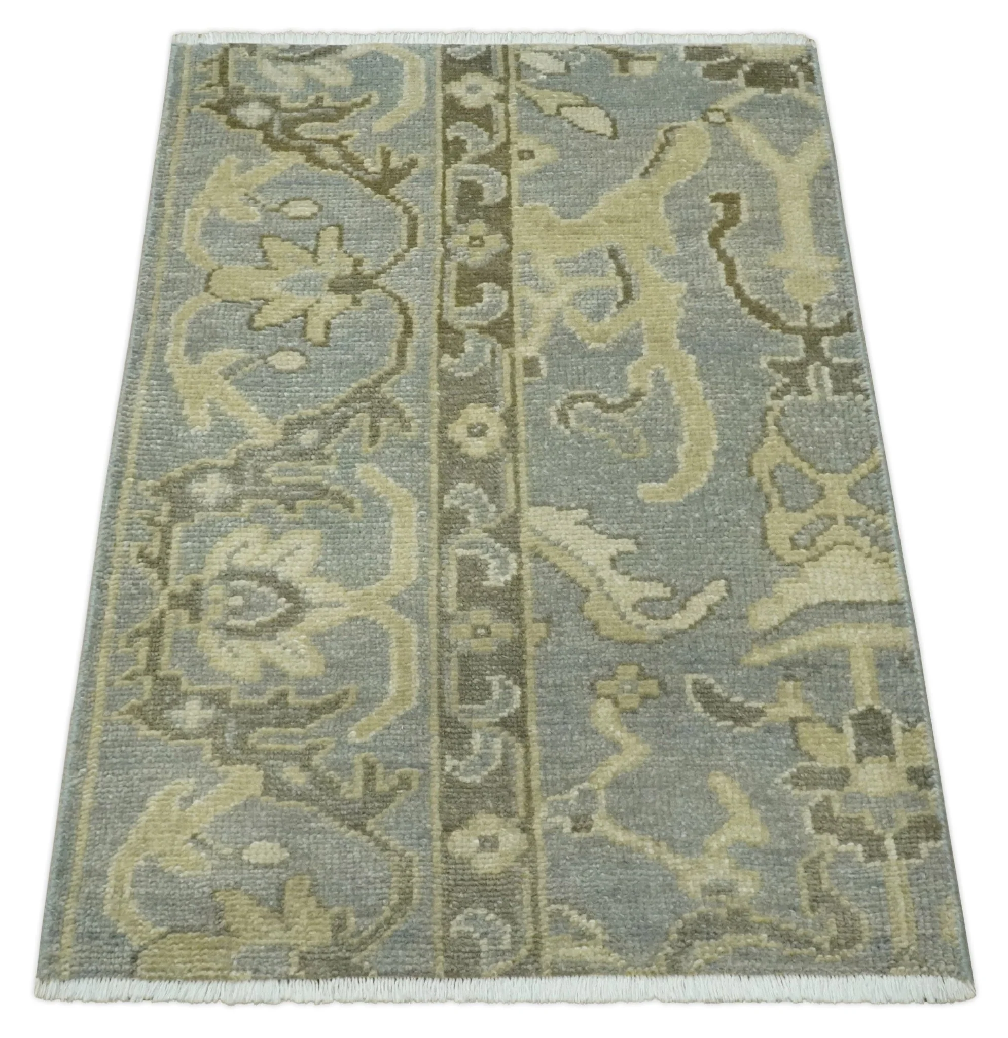 2x3 Hand Knotted Gray, Beige and Olive Traditional Persian Oushak Wool Rug | N5123 - Image 9