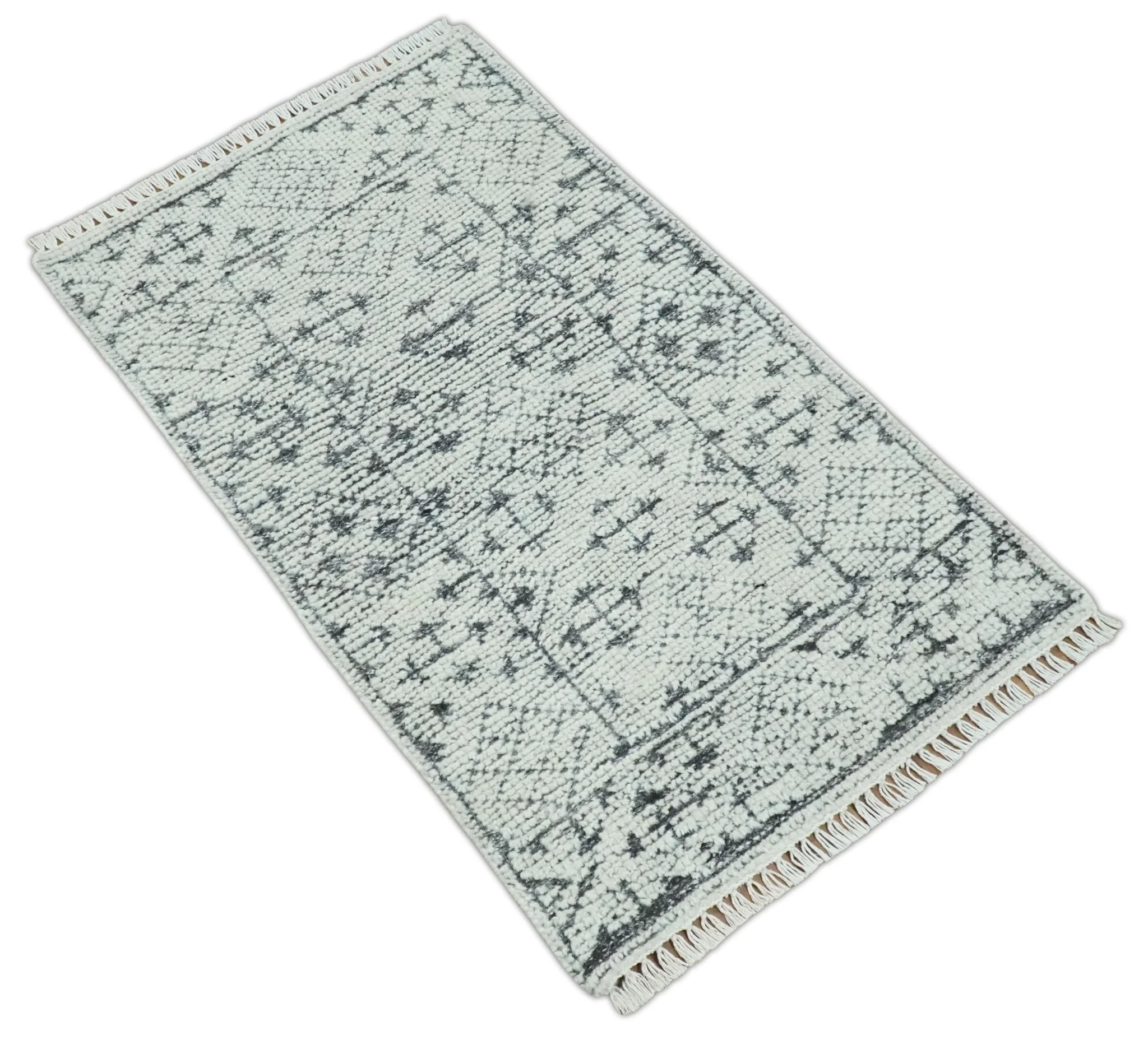 Contemporary Tribal 2x3 Hand Knotted Ivory and Charcoal Wool Rug - Image 8