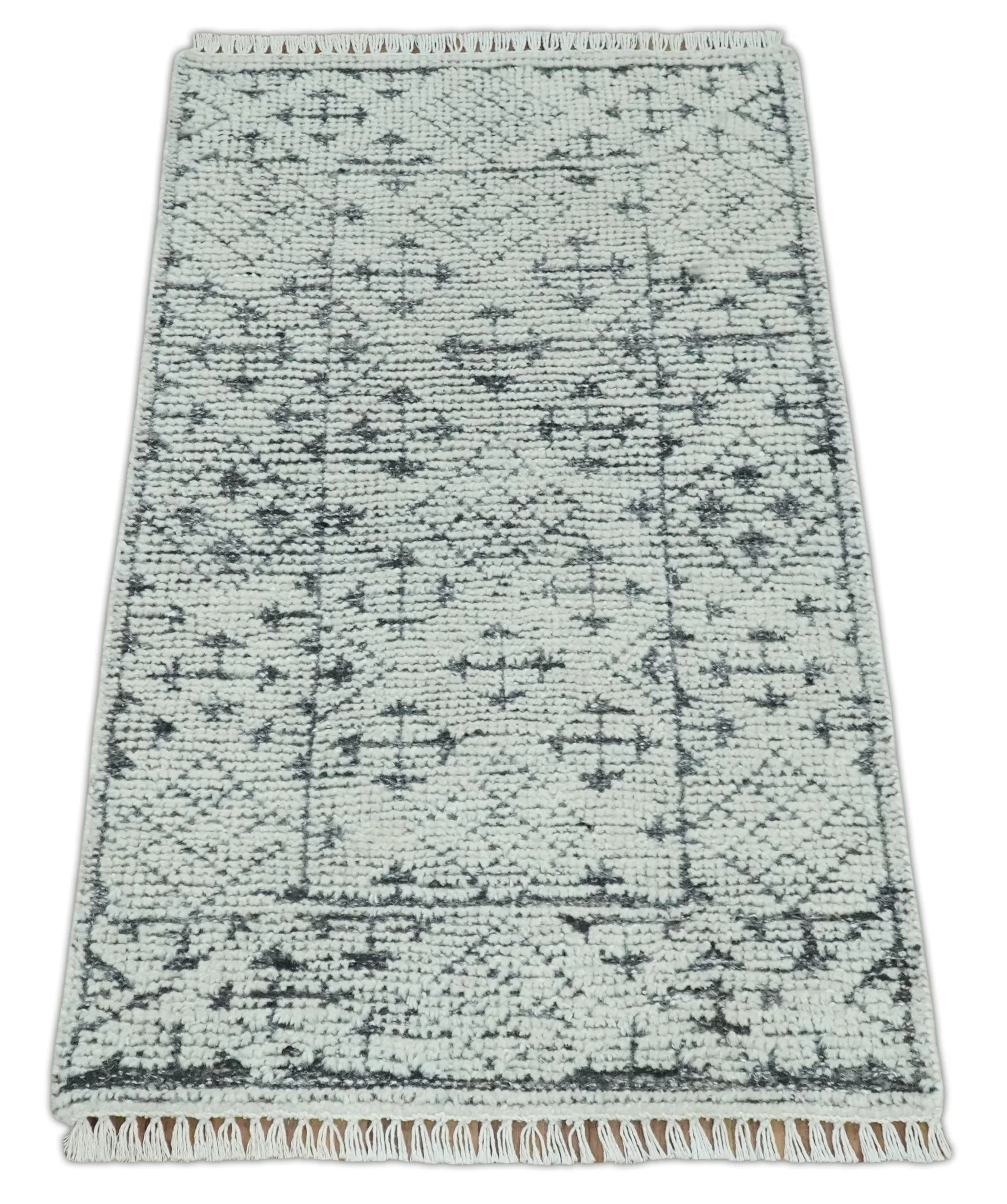 Contemporary Tribal 2x3 Hand Knotted Ivory and Charcoal Wool Rug - Image 9
