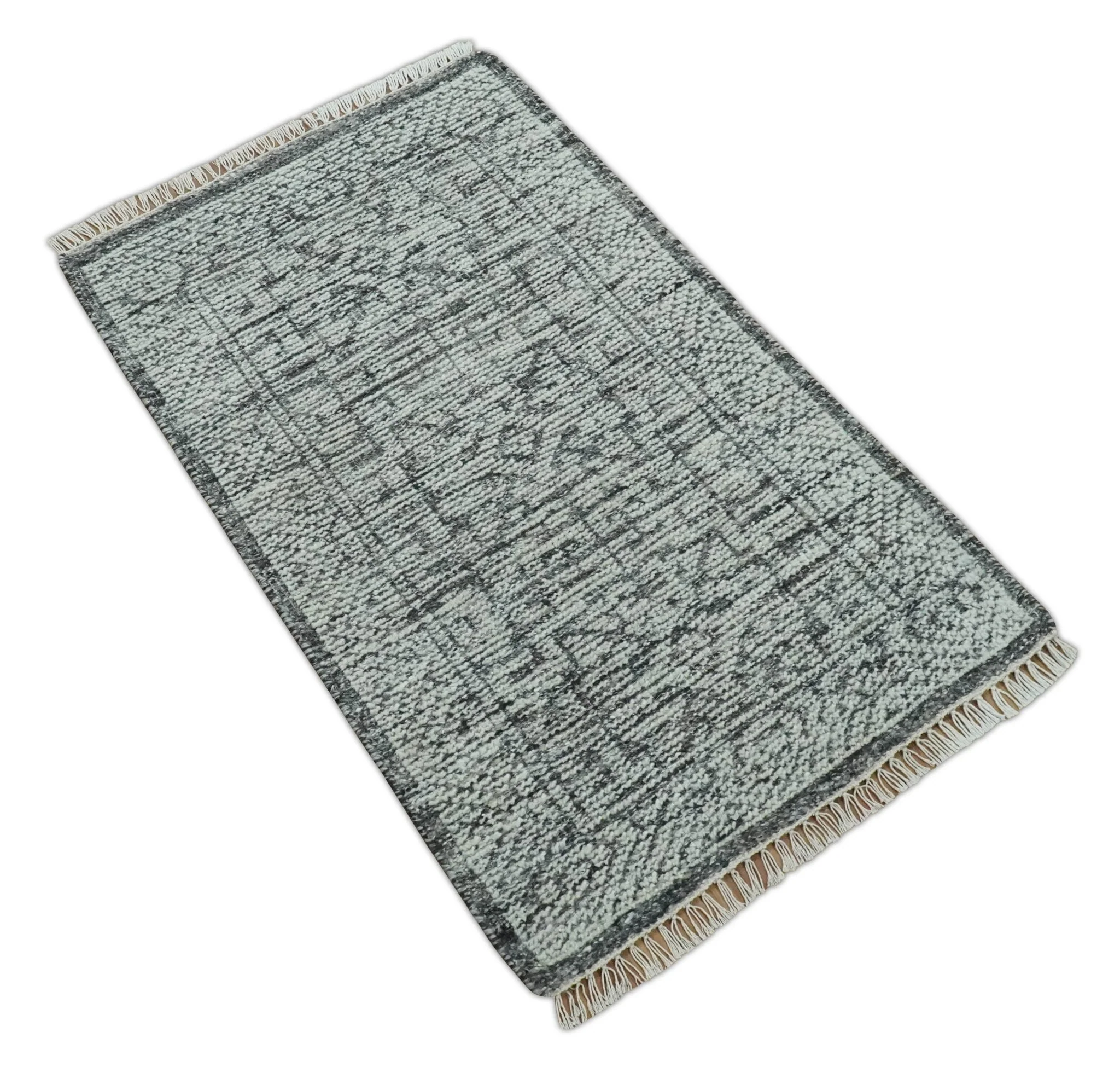 Small Entryway 2x3 Hand Knotted Ivory and Charcoal Tribal Conteporary Wool Rug - Image 7