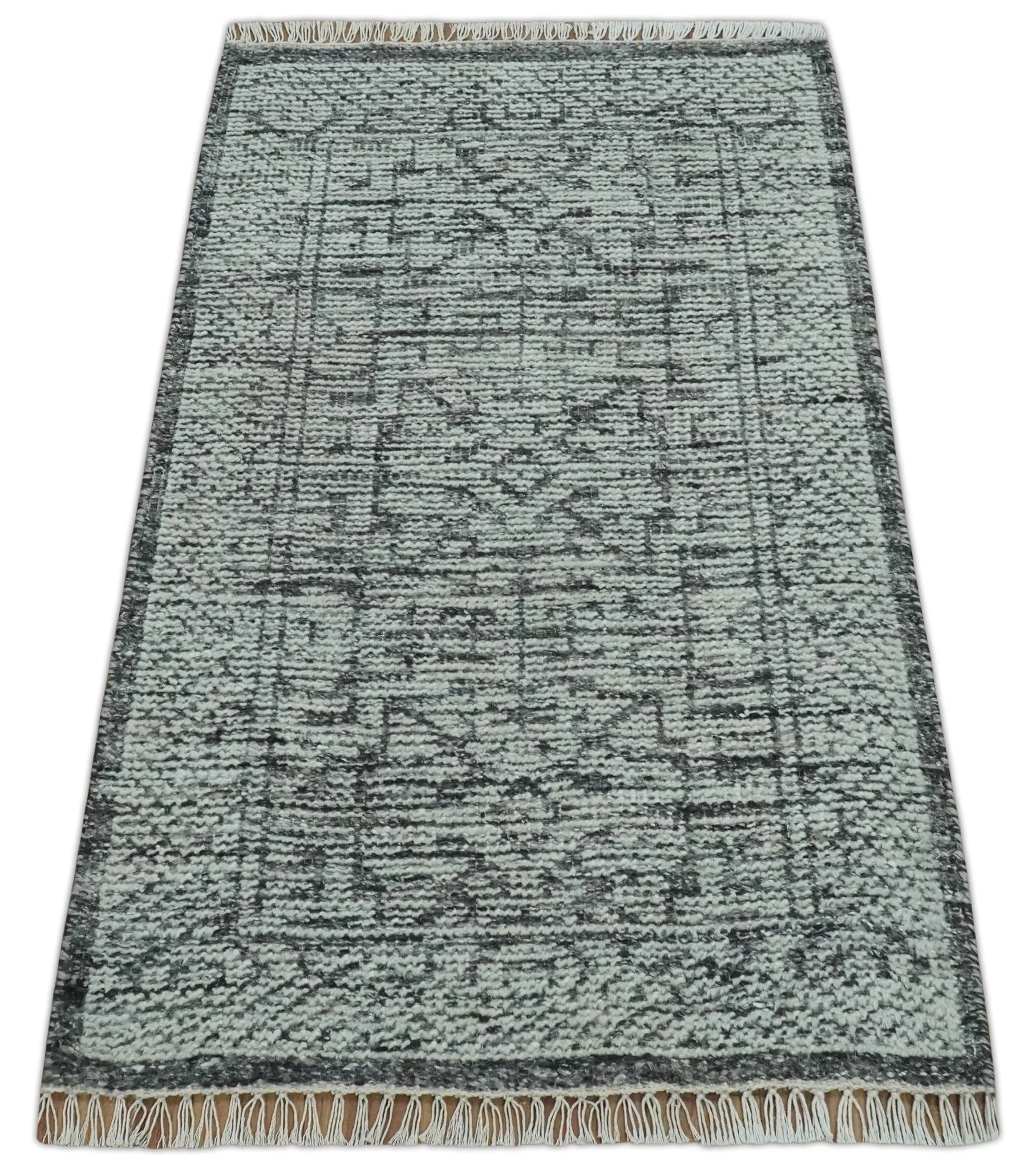 Small Entryway 2x3 Hand Knotted Ivory and Charcoal Tribal Conteporary Wool Rug - Image 8