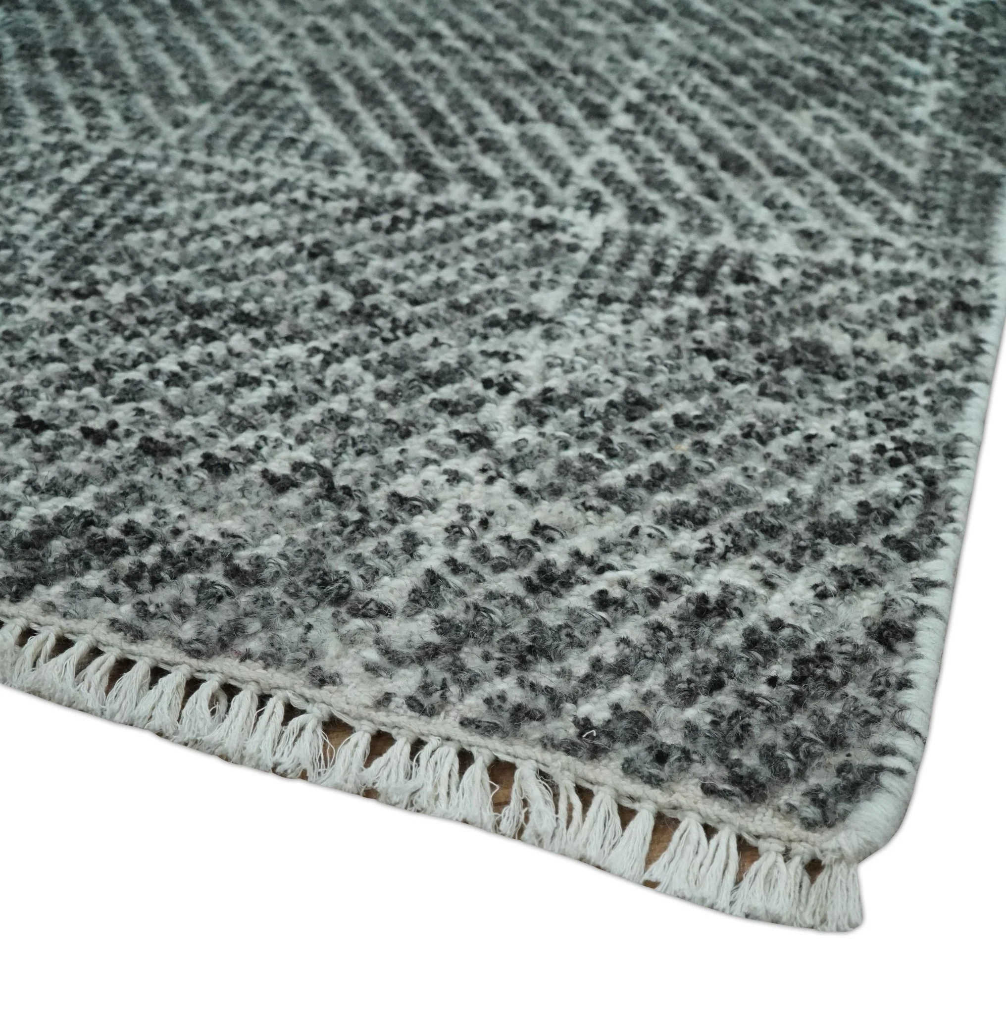 2x3 Hand Knotted Ivory and Charcoal Geometrical Design Wool Area Rug - Image 3
