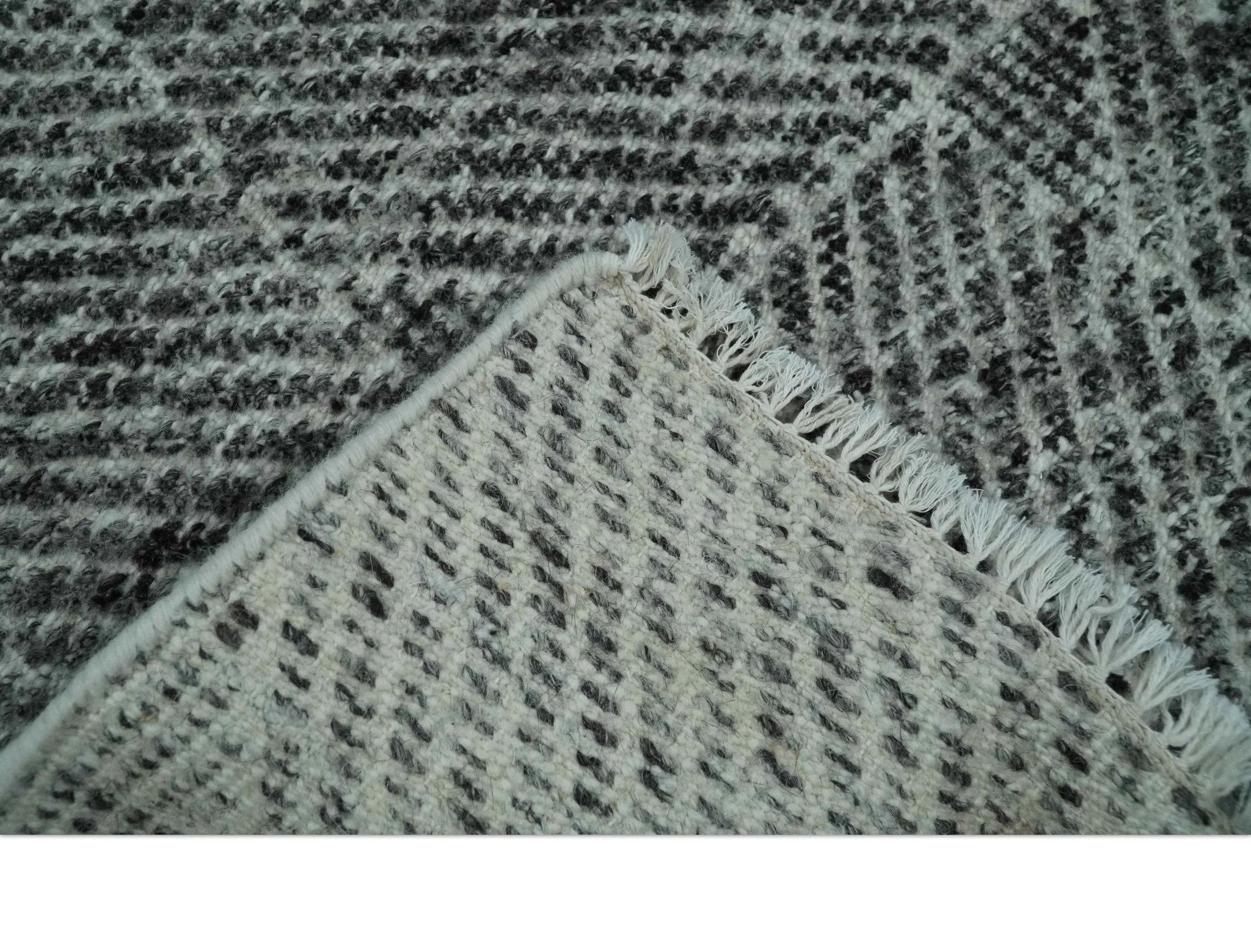 2x3 Hand Knotted Ivory and Charcoal Geometrical Design Wool Area Rug - Image 5
