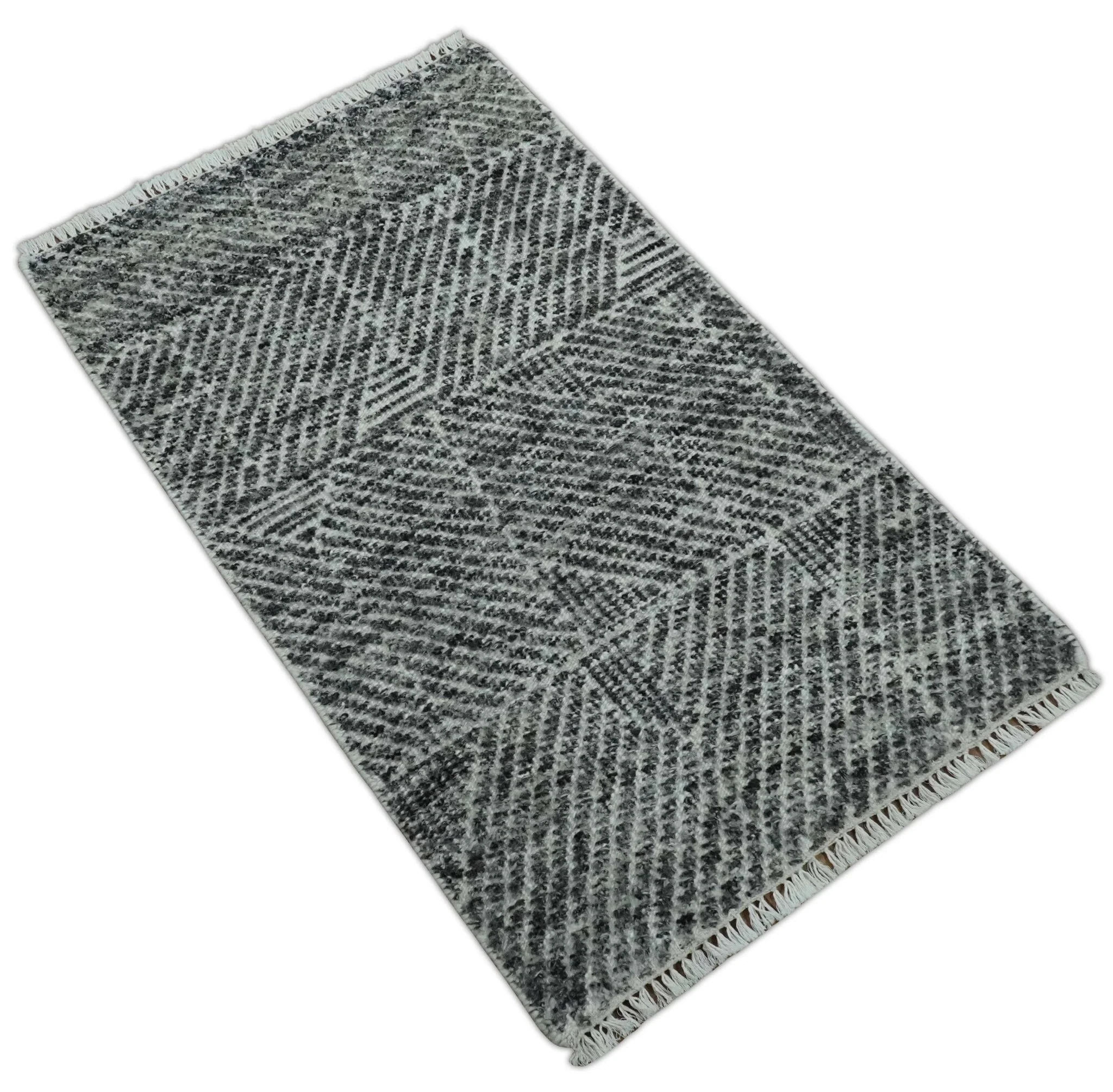 2x3 Hand Knotted Ivory and Charcoal Geometrical Design Wool Area Rug - Image 7