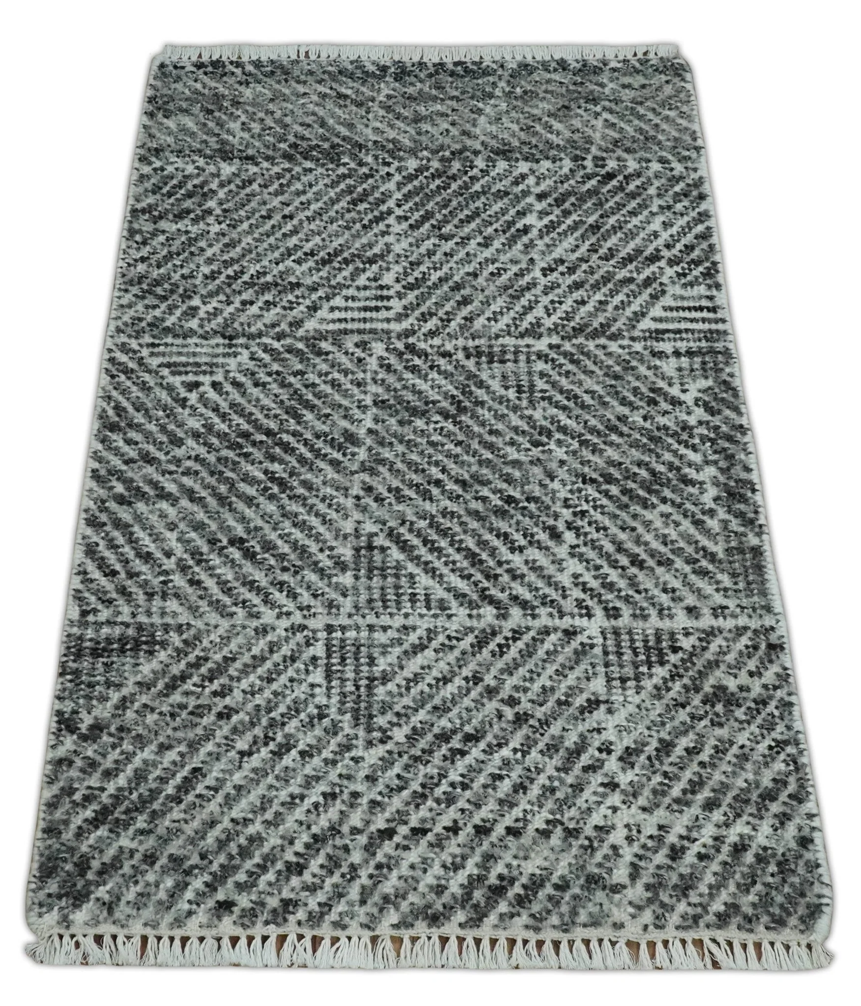 2x3 Hand Knotted Ivory and Charcoal Geometrical Design Wool Area Rug - Image 8