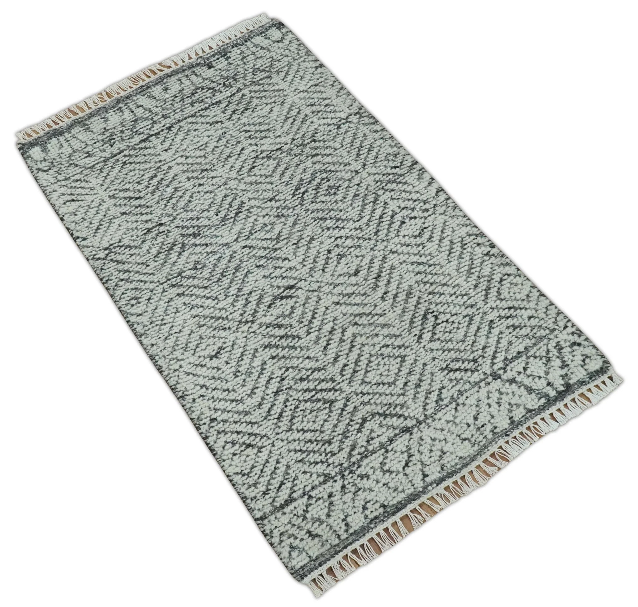 Small 2x3 Hand Knotted Ivory and Charcoal Tribal Design Wool Rug - Image 7