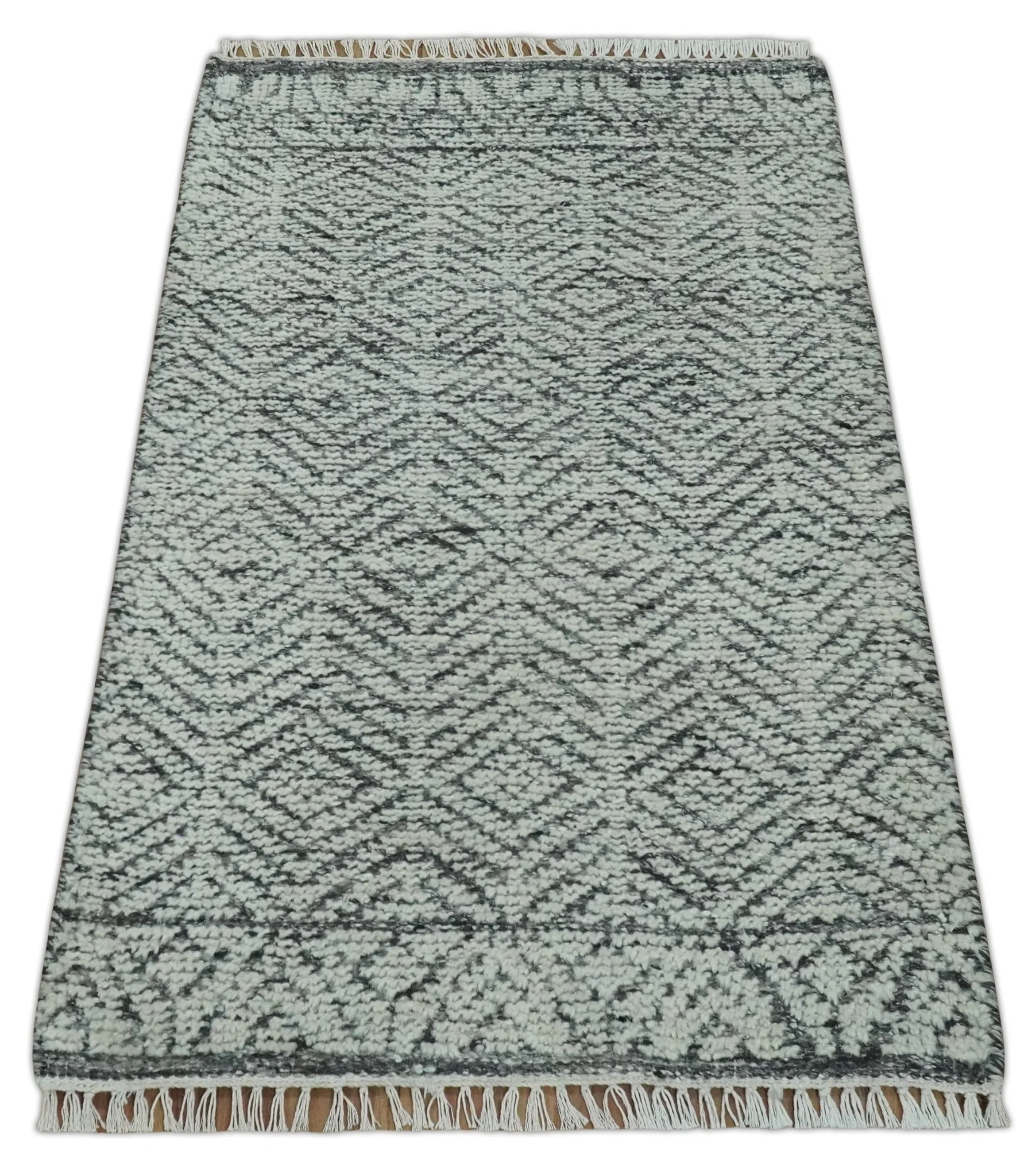 Small 2x3 Hand Knotted Ivory and Charcoal Tribal Design Wool Rug - Image 8