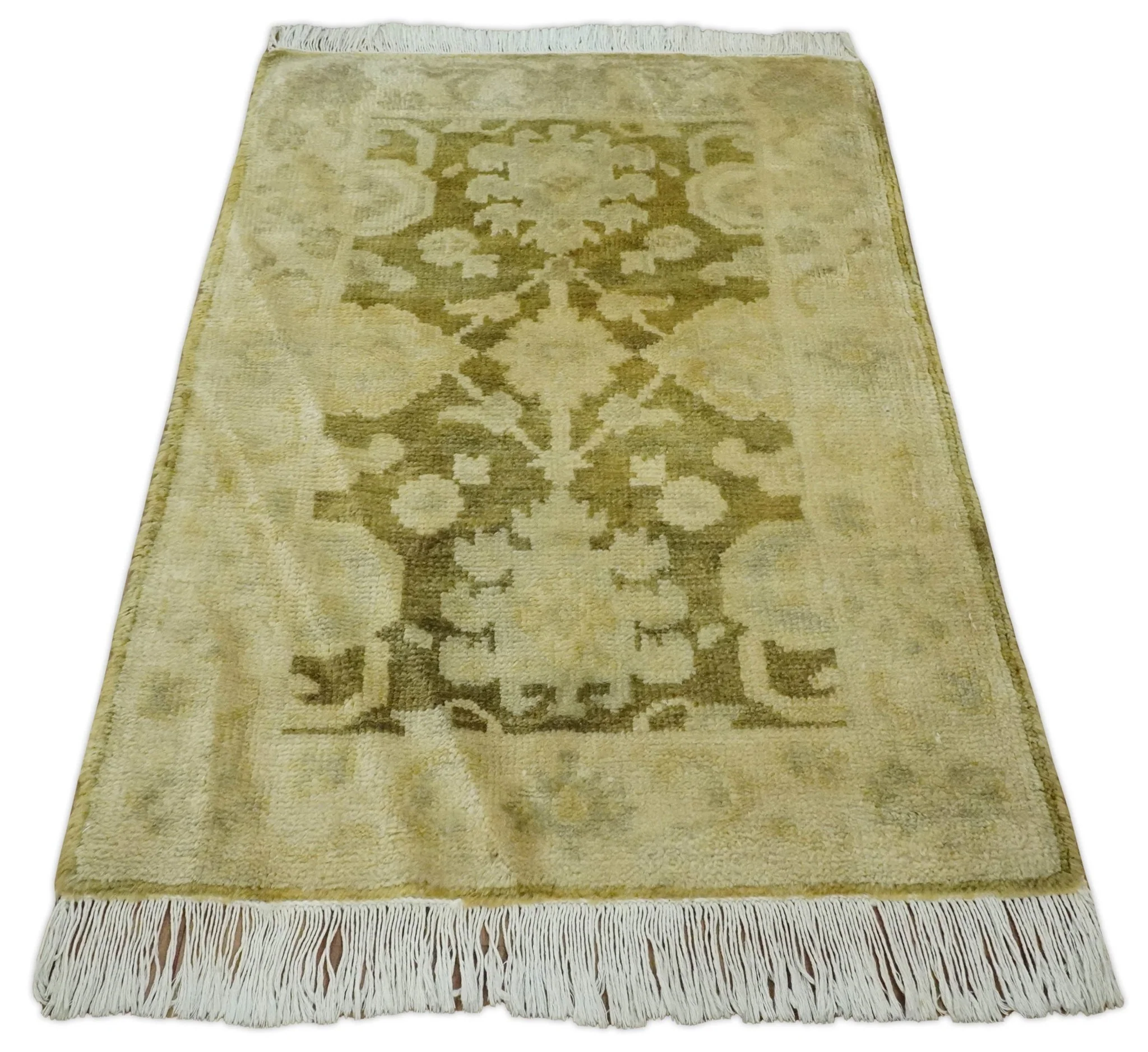 2x3 Hand Knotted Olive, Beige and Gray Traditional Persian Oushak Wool Rug | N3623 - Image 7