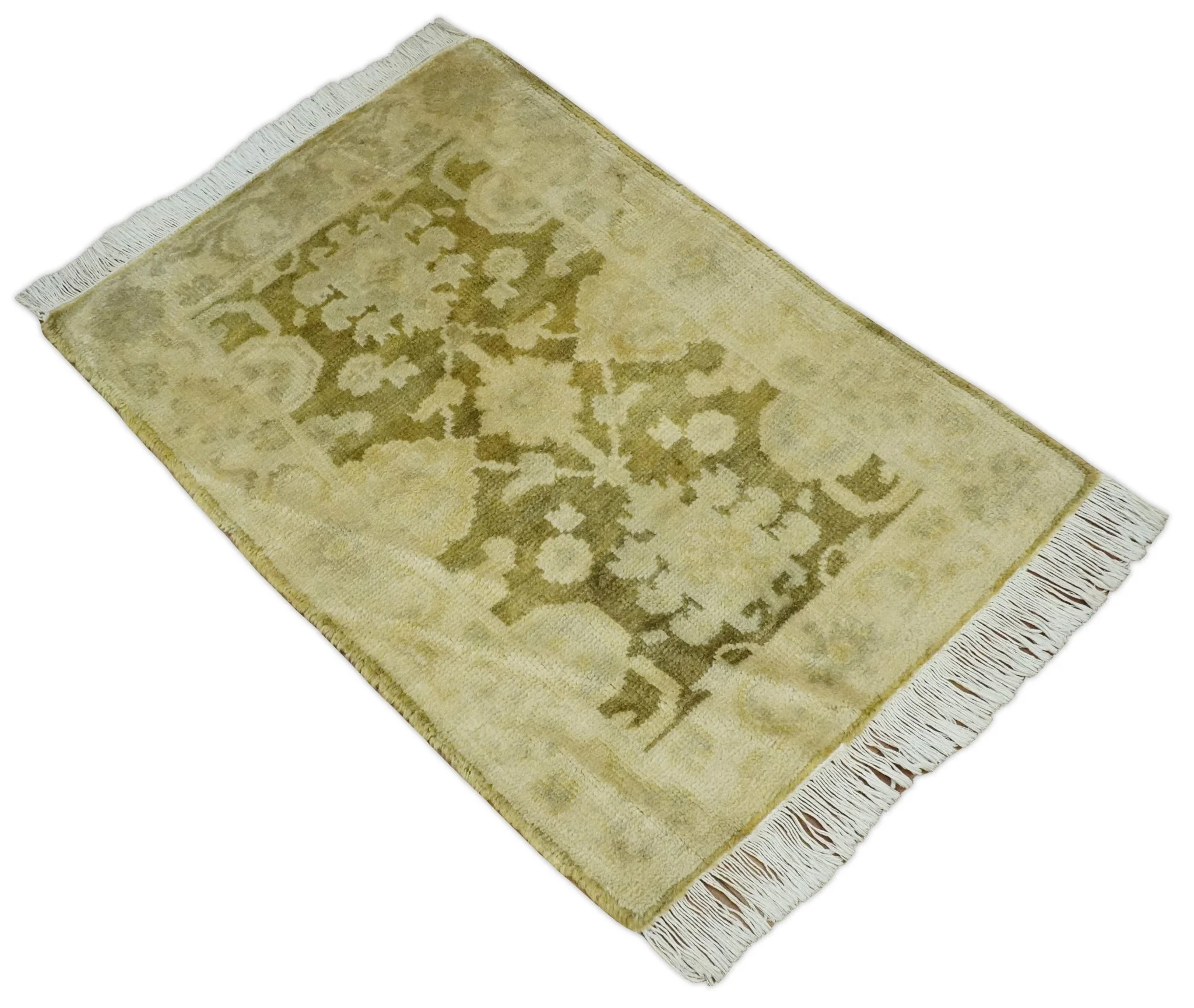 2x3 Hand Knotted Olive, Beige and Gray Traditional Persian Oushak Wool Rug | N3623 - Image 8
