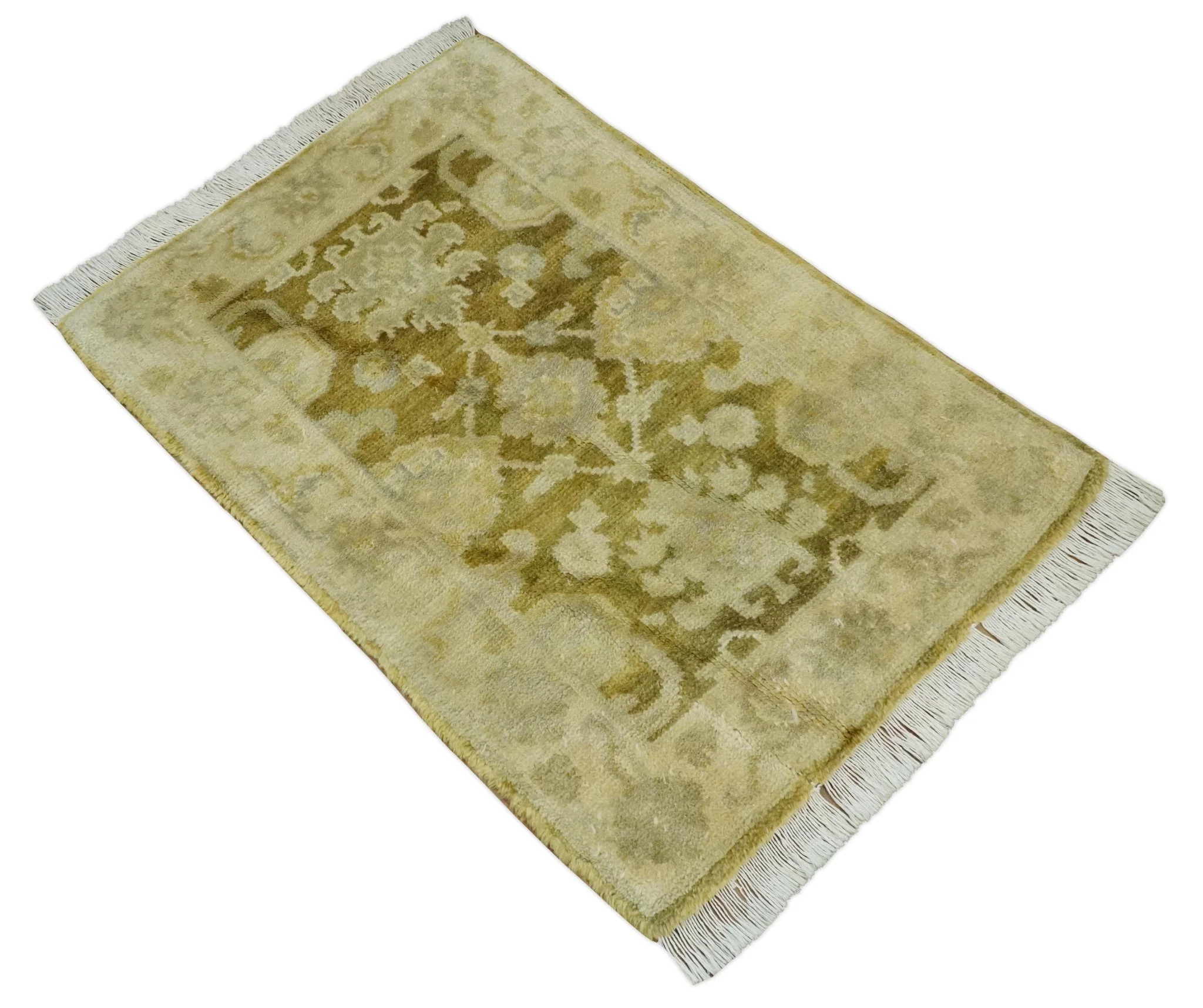 2x3 Hand Knotted Olive, Beige and Gray Traditional Persian Oushak Wool Rug | N423 - Image 7