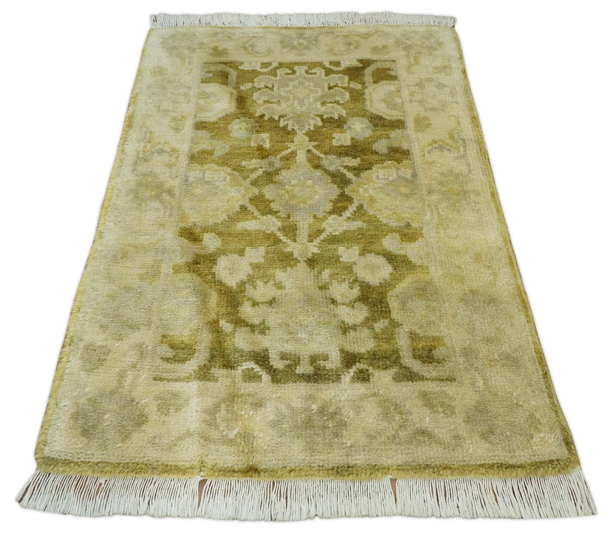 2x3 Hand Knotted Olive, Beige and Gray Traditional Persian Oushak Wool Rug | N423 - Image 8