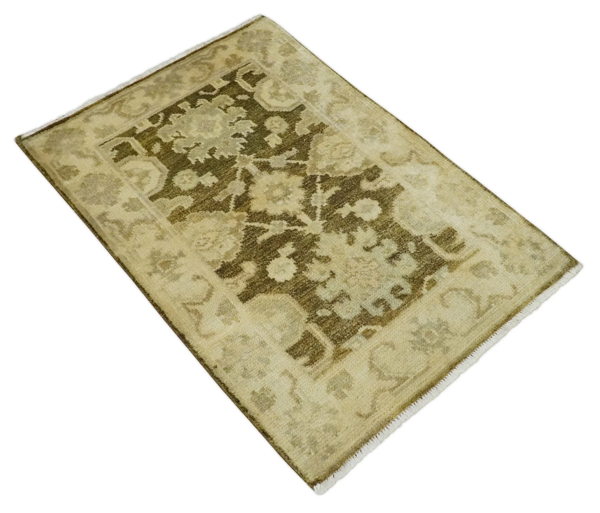 2x3 Hand Knotted Olive, Beige and Gray Traditional Persian Oushak Wool Rug | N4323 - Image 8