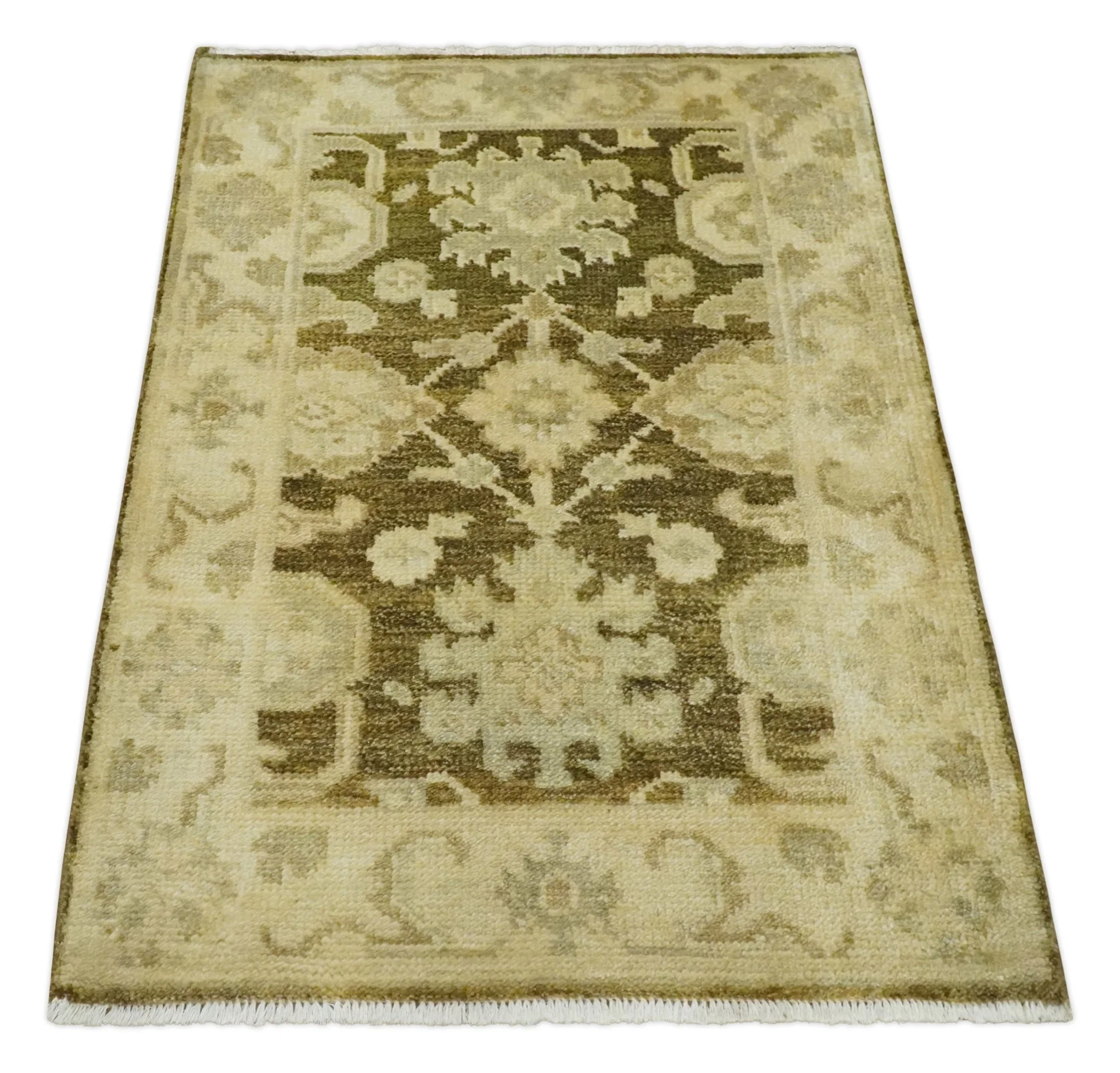 2x3 Hand Knotted Olive, Beige and Gray Traditional Persian Oushak Wool Rug | N4323 - Image 9
