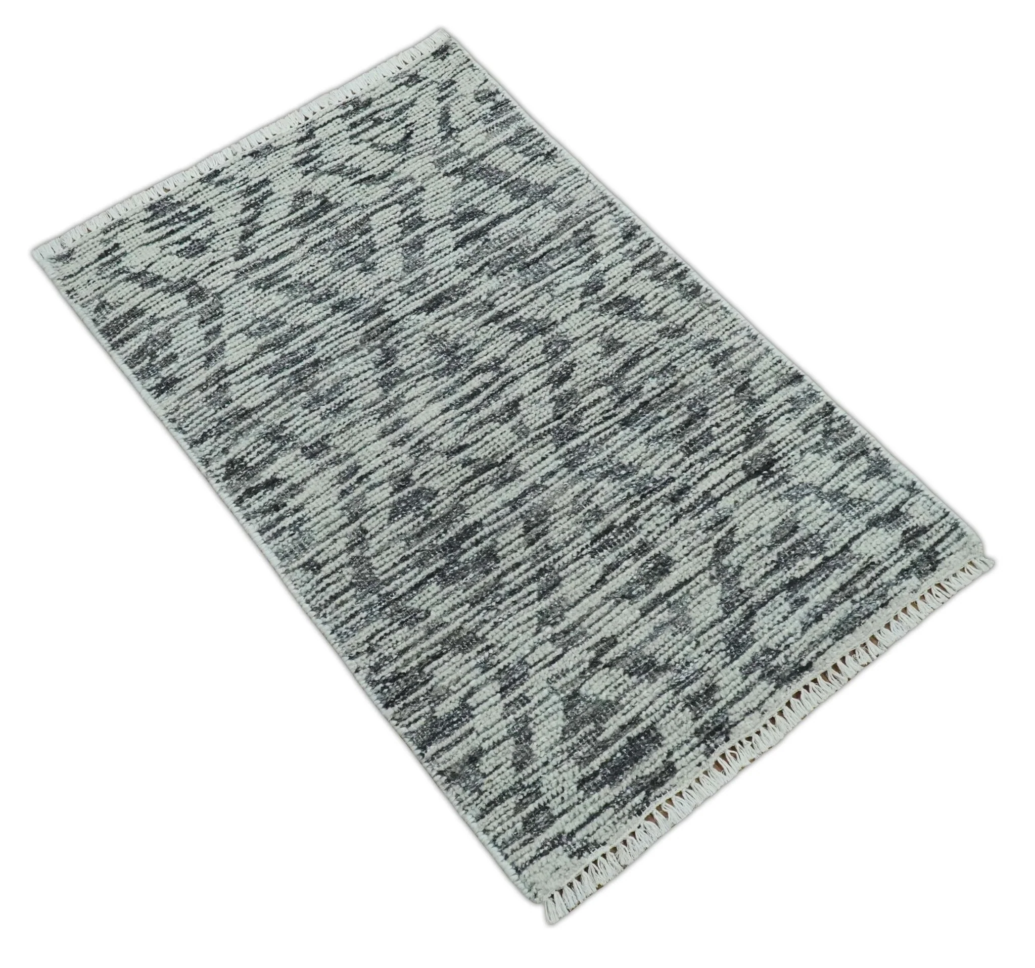 2x3 Hand Knotted Silver and Charcoal Geometrical shape Wool Rug - Image 8
