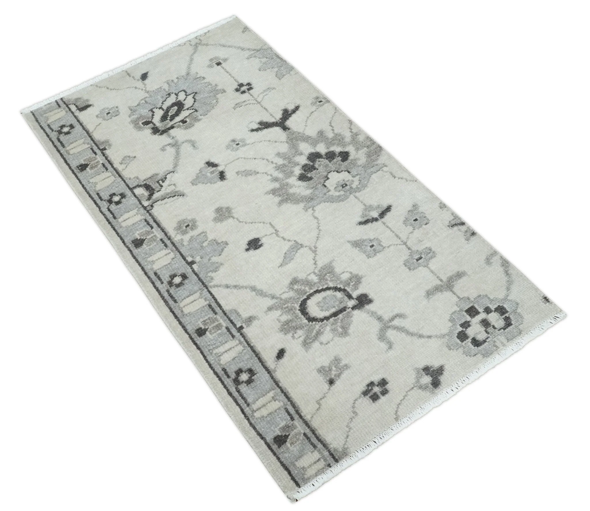 2x4 Hand Knotted Ivory and Silver Traditional Persian Oushak Wool Rug | N5224 - Image 8