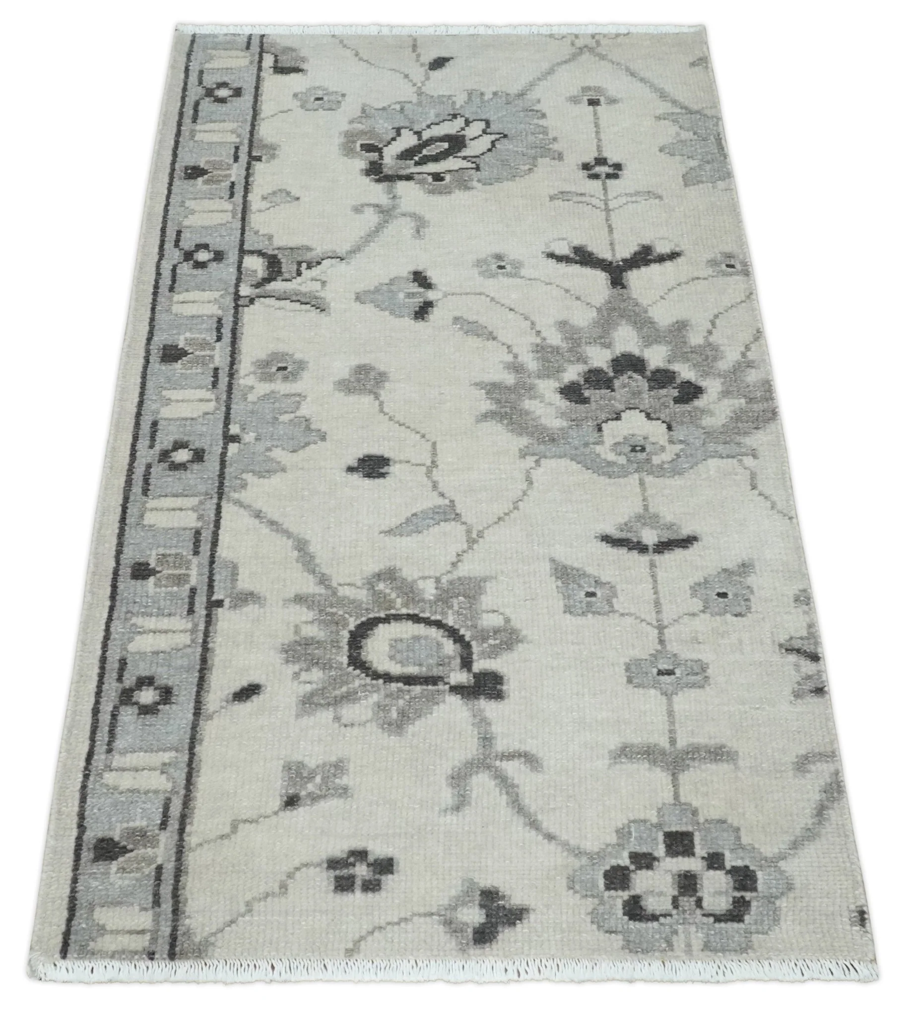 2x4 Hand Knotted Ivory and Silver Traditional Persian Oushak Wool Rug | N5224 - Image 9