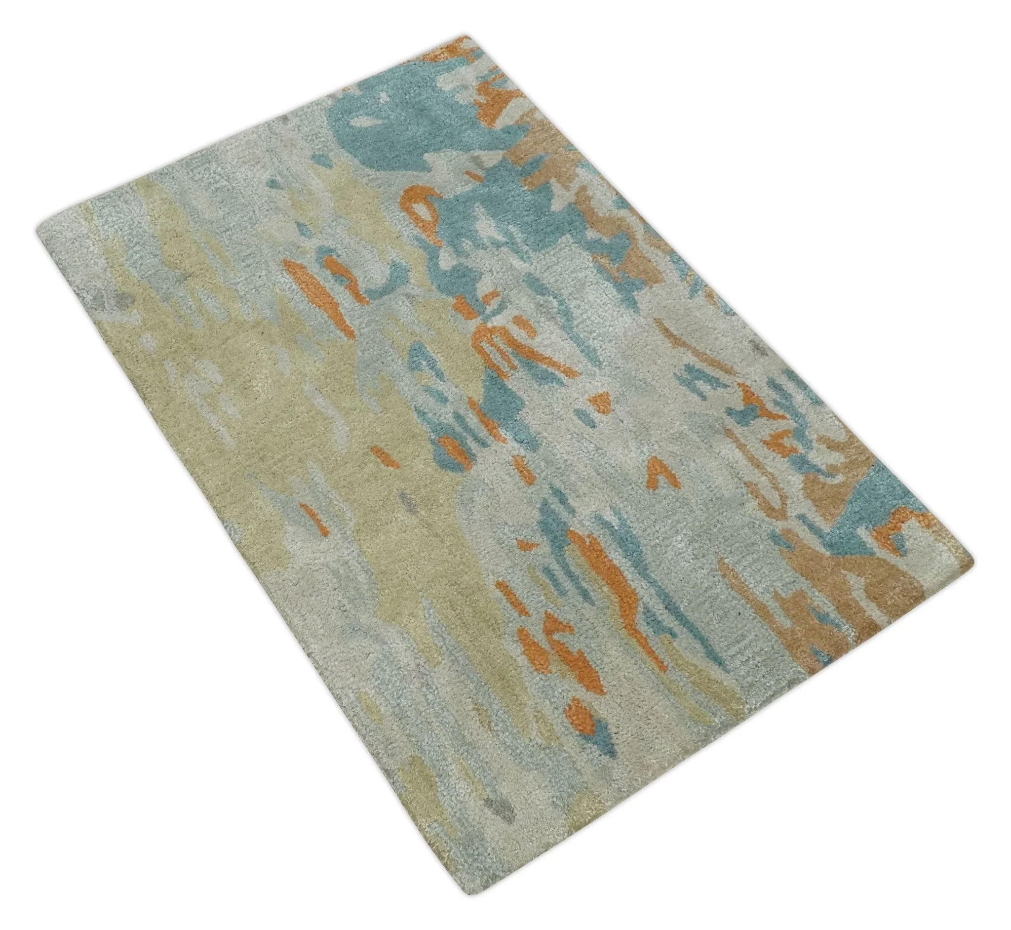 2x3 Handmade Abstract Design Silver, Beige, Teal and Rust made with fine wool Area Rug | TRDCP126423 - Image 8