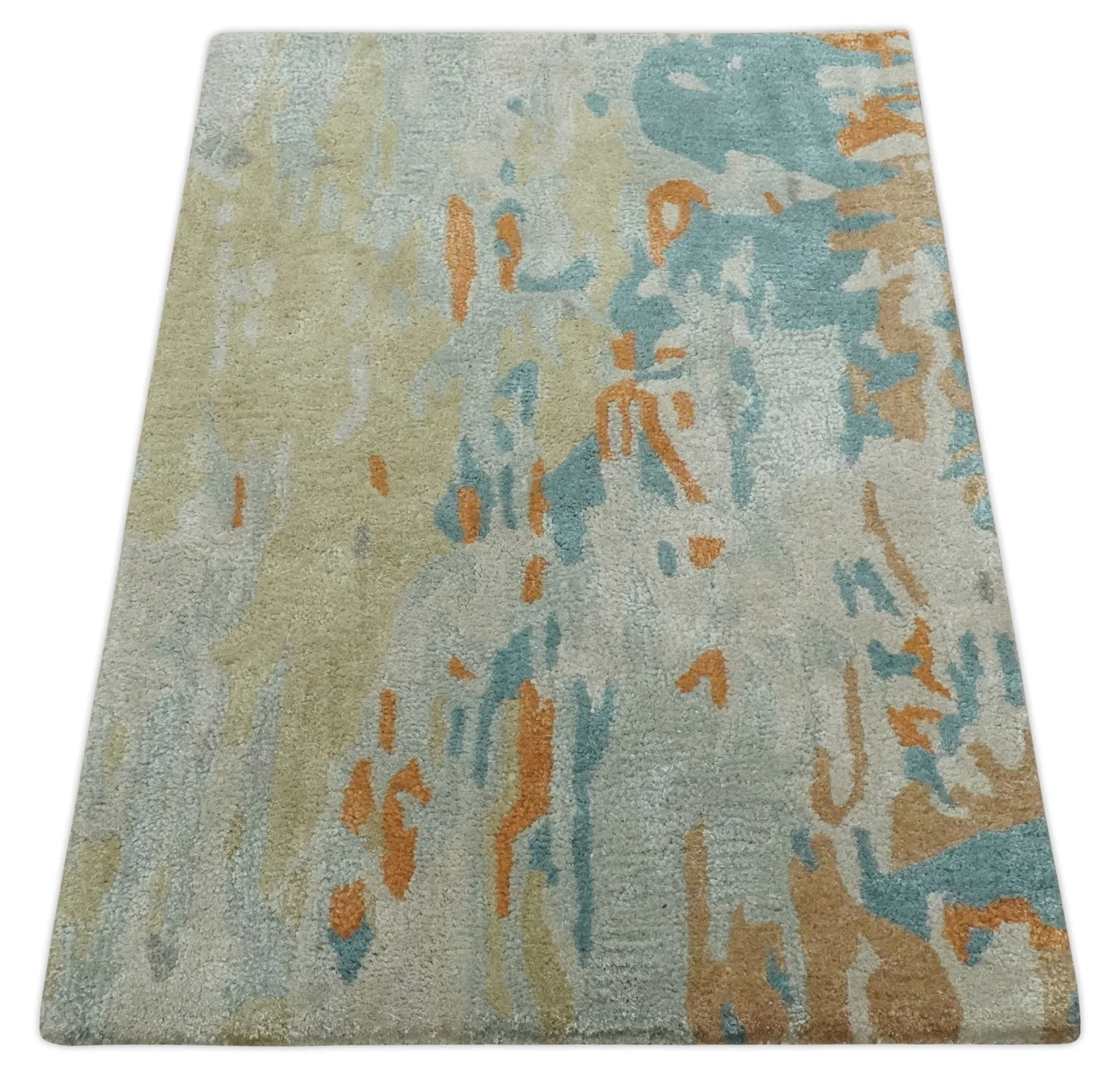 2x3 Handmade Abstract Design Silver, Beige, Teal and Rust made with fine wool Area Rug | TRDCP126423 - Image 9